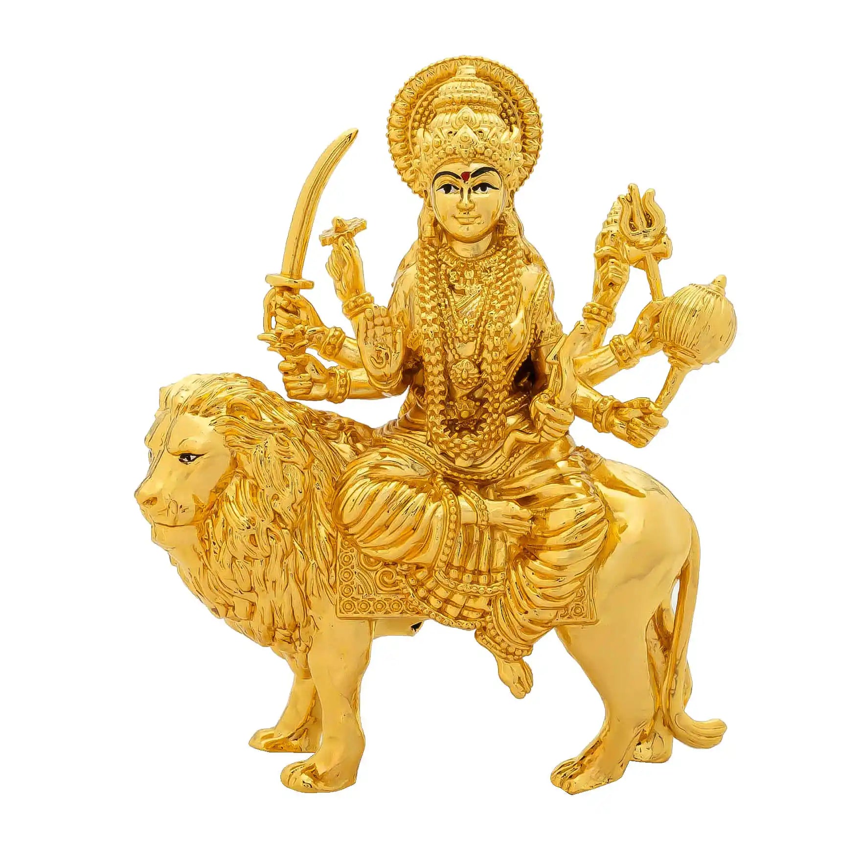 Durga Devi Idol – Gold-Plated Hindu Goddess Statue – Tiger-Riding Shakti Murti with Multiple Arms – Home Temple & Navratri Puja Decor | PIDDU16-0091