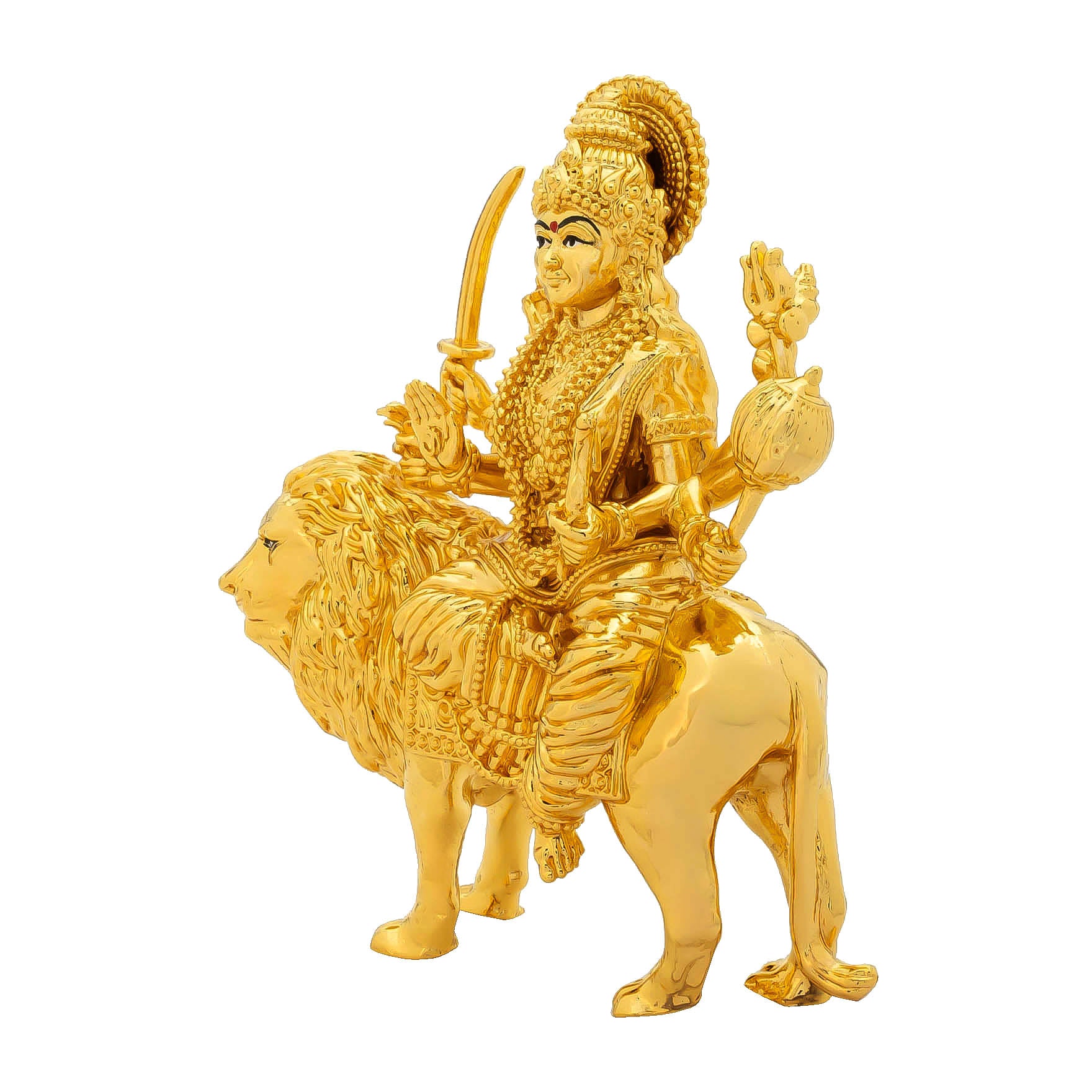 Durga Devi Idol – Gold-Plated Hindu Goddess Statue – Tiger-Riding Shakti Murti with Multiple Arms – Home Temple & Navratri Puja Decor | PIDDU16-0091