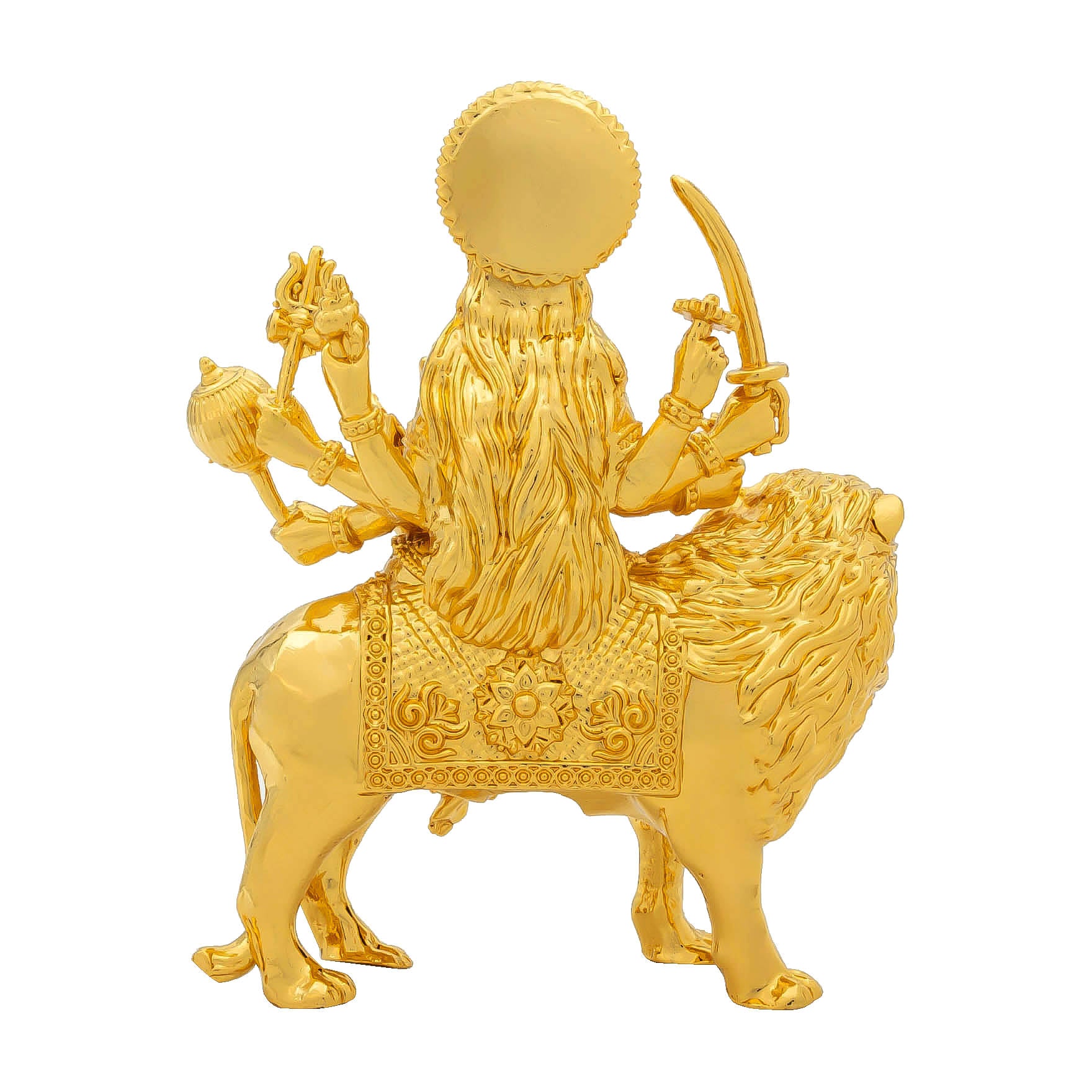 Durga Devi Idol – Gold-Plated Hindu Goddess Statue – Tiger-Riding Shakti Murti with Multiple Arms – Home Temple & Navratri Puja Decor | PIDDU16-0091