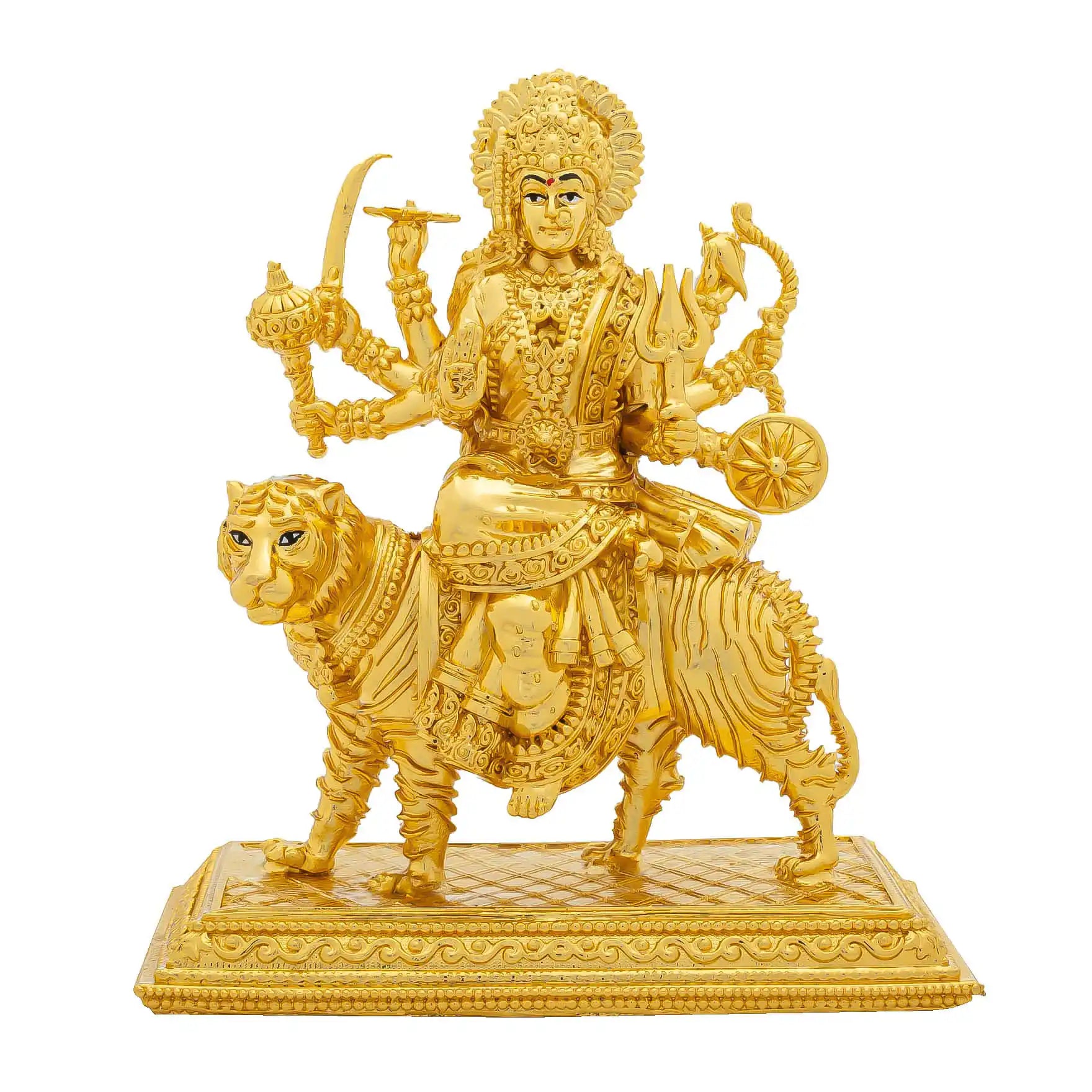 Durga Devi Idol – Gold-Plated Hindu Goddess Statue – Tiger-Riding Shakti Murti with Multiple Arms – Home Temple & Navratri Puja Decor | PIDDU21-0013