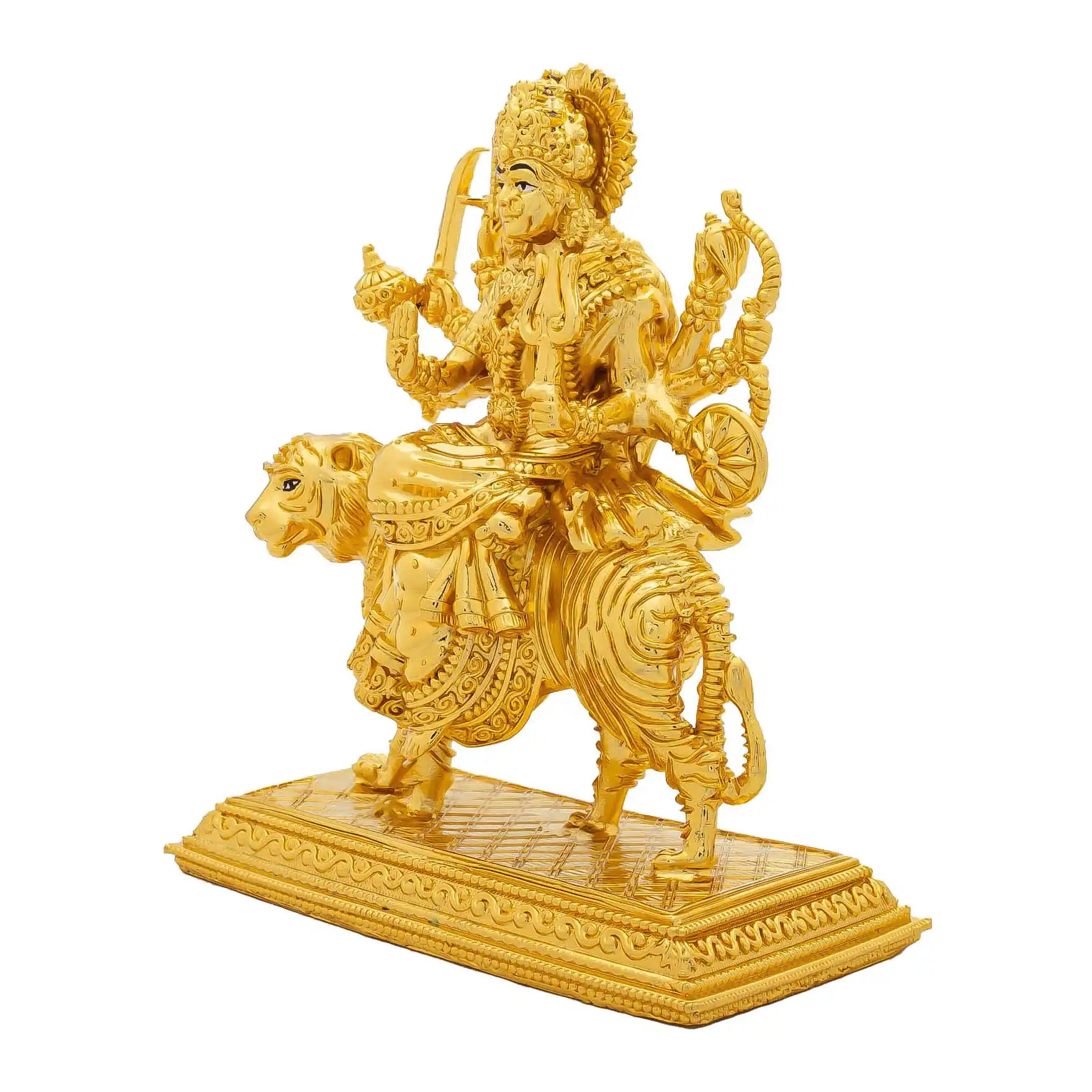 Durga Devi Idol – Gold-Plated Hindu Goddess Statue – Tiger-Riding Shakti Murti with Multiple Arms – Home Temple & Navratri Puja Decor | PIDDU21-0013