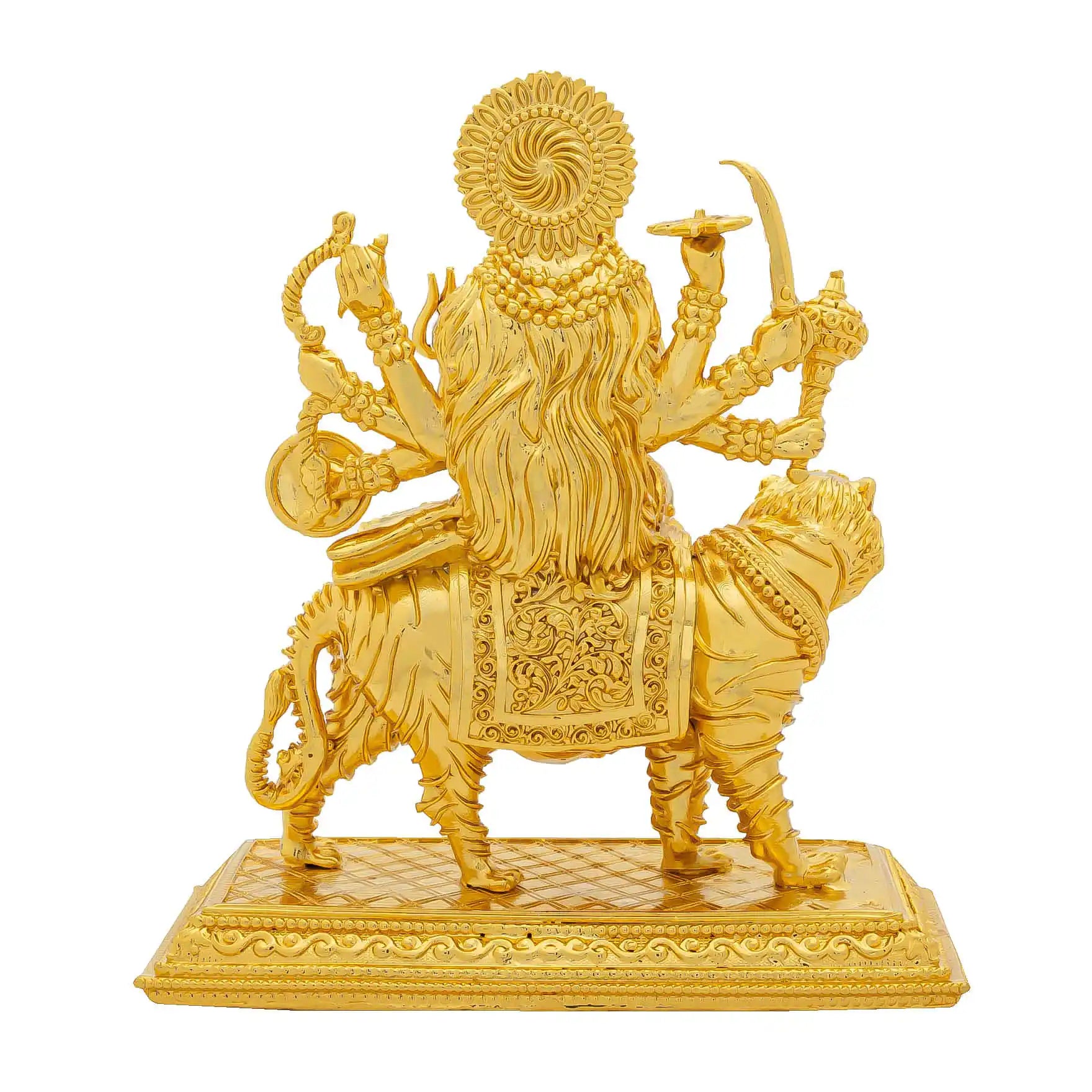 Durga Devi Idol – Gold-Plated Hindu Goddess Statue – Tiger-Riding Shakti Murti with Multiple Arms – Home Temple & Navratri Puja Decor | PIDDU21-0013