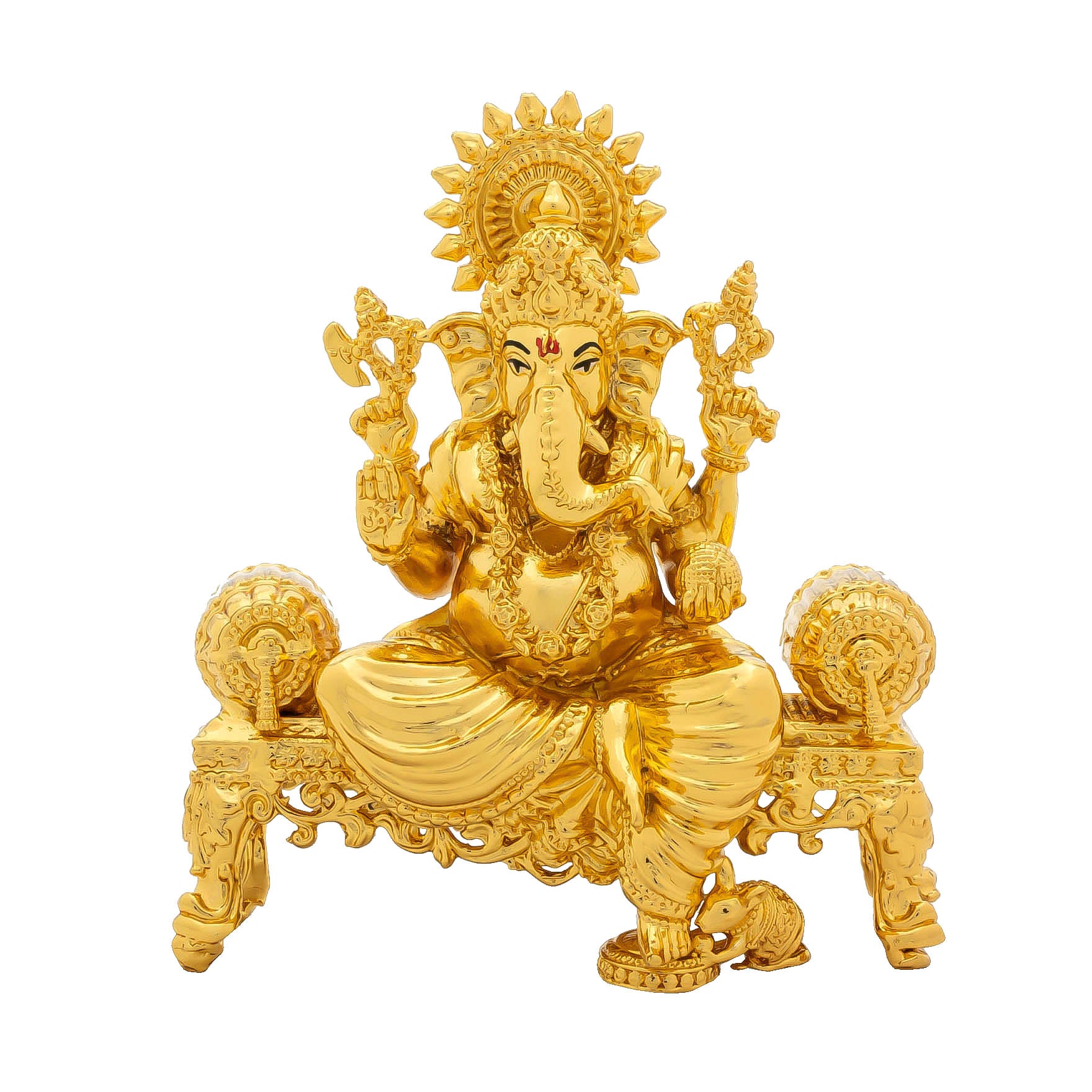 Lord Ganesha Idol – Gold Plated Brass – Royal Throne Design with Sun Halo – Ganapati Murti/Statue – Home Temple & Puja Décor |PIDG208-057