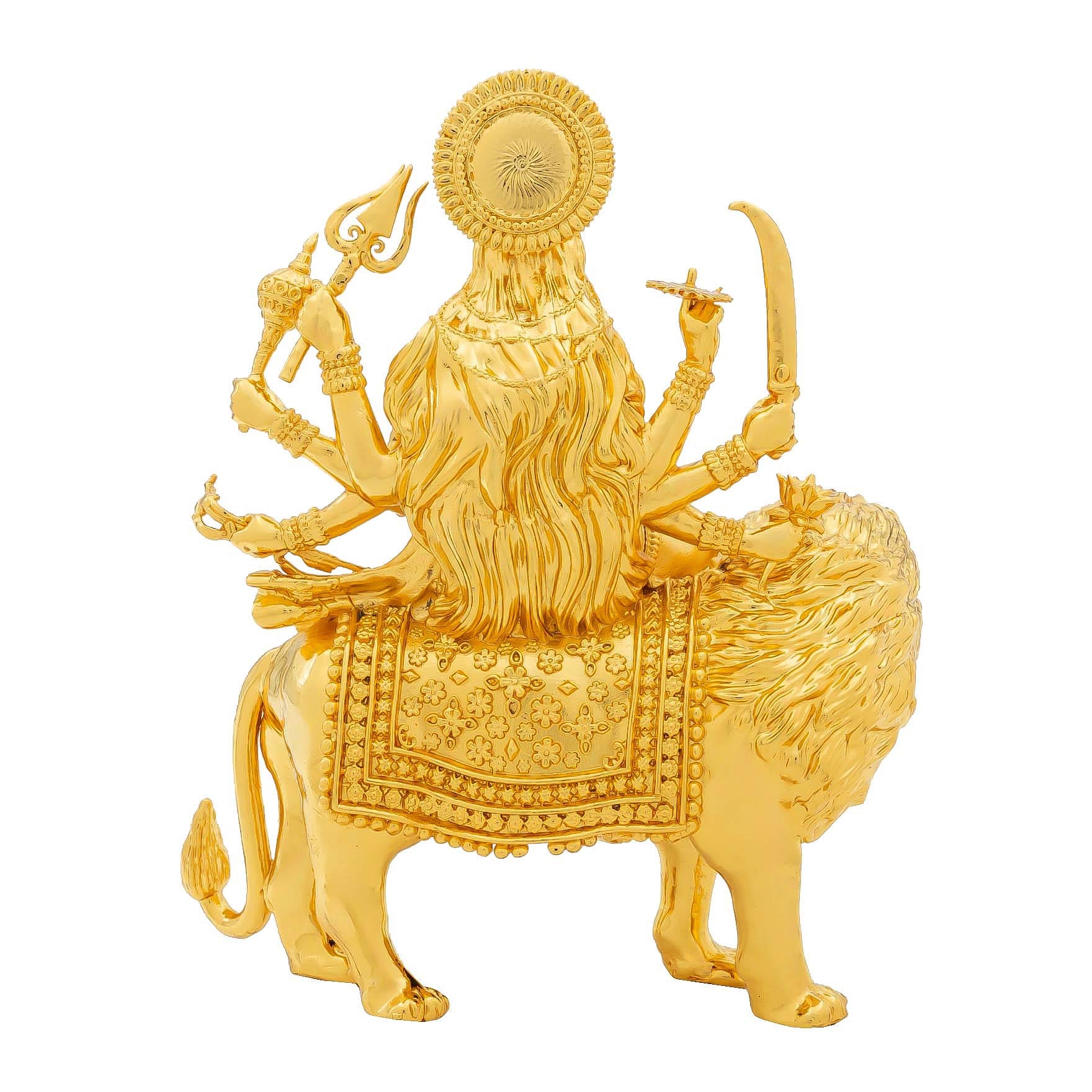 Durga Devi Idol – Gold-Plated Hindu Goddess Statue – Lion-Riding Mahishasura Mardini Murti – Home Temple & Festive Puja Decor | PIDDU20-0004