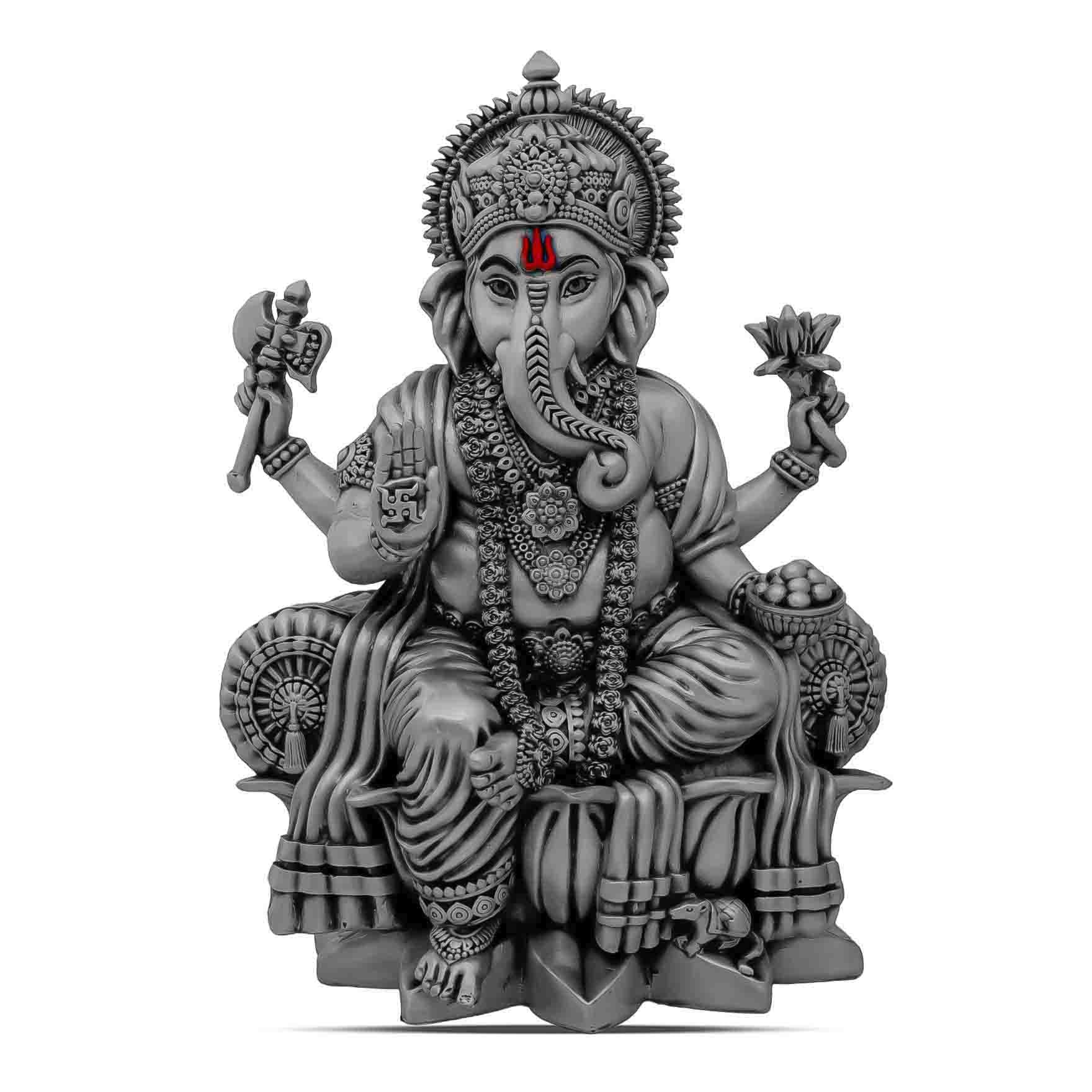Lord Ganesha Idol – Antique Silver-Finish Resin Murti – Vinayaka Sitting Sculpture – Hindu Deity for Home Temple & Festive Décor | PIDRSG19a-0041