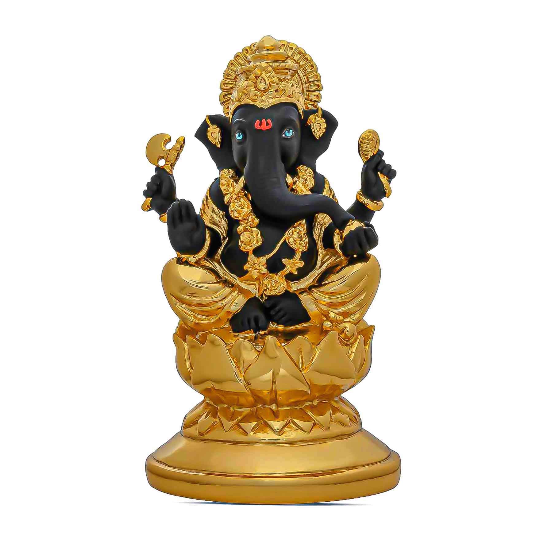Lord Ganesha Idol – Black and Gold Finish – Traditional Hindu Deity Sculpture – Ganapati Puja Decor – Home & Festive Gift | PIDRBG73-007