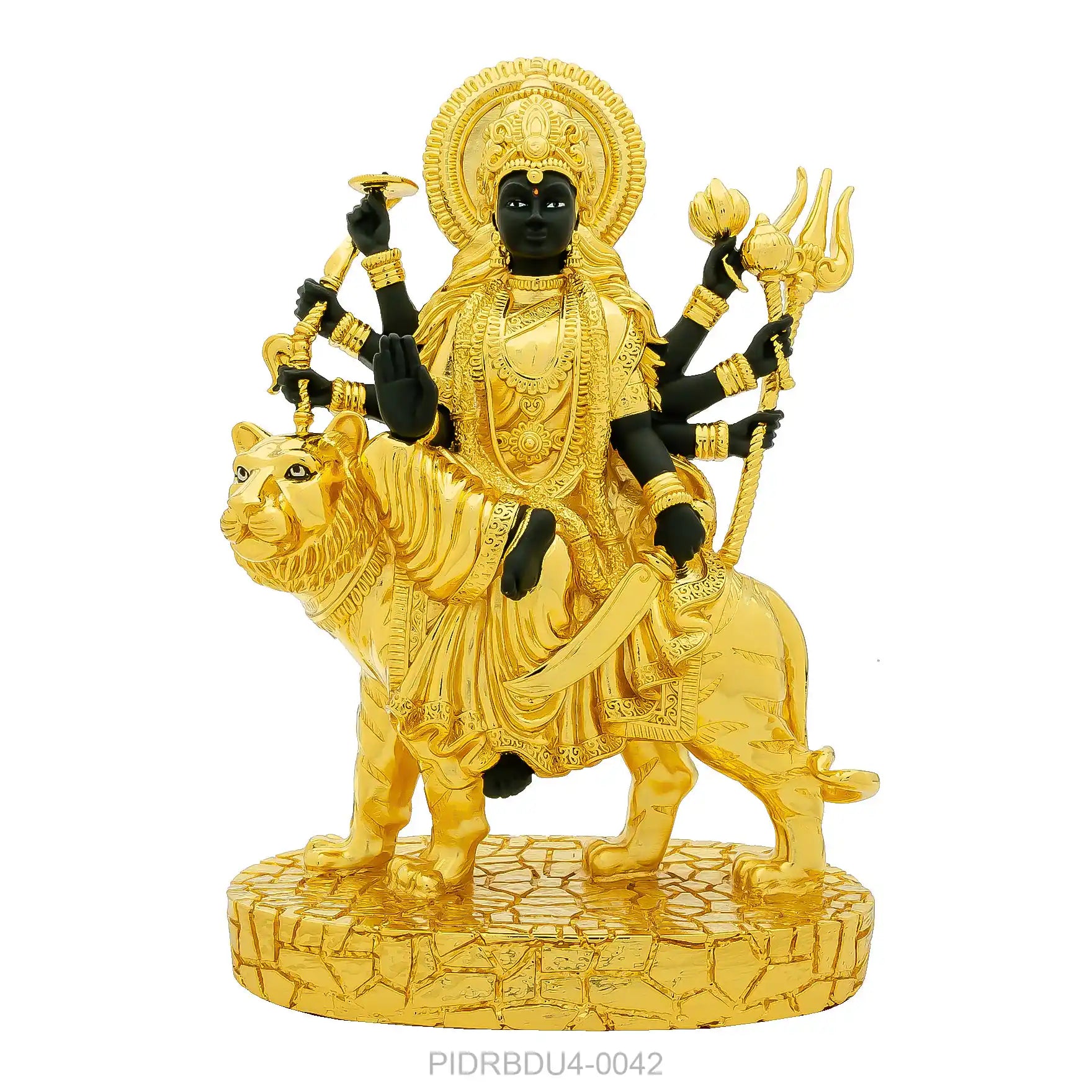 Goddess Durga Idol – Gold Layered Figurine Riding Tiger with Black Finish – Hindu Spiritual Statue – Navratri Pooja & Home Décor | PIDRBDU4-0042