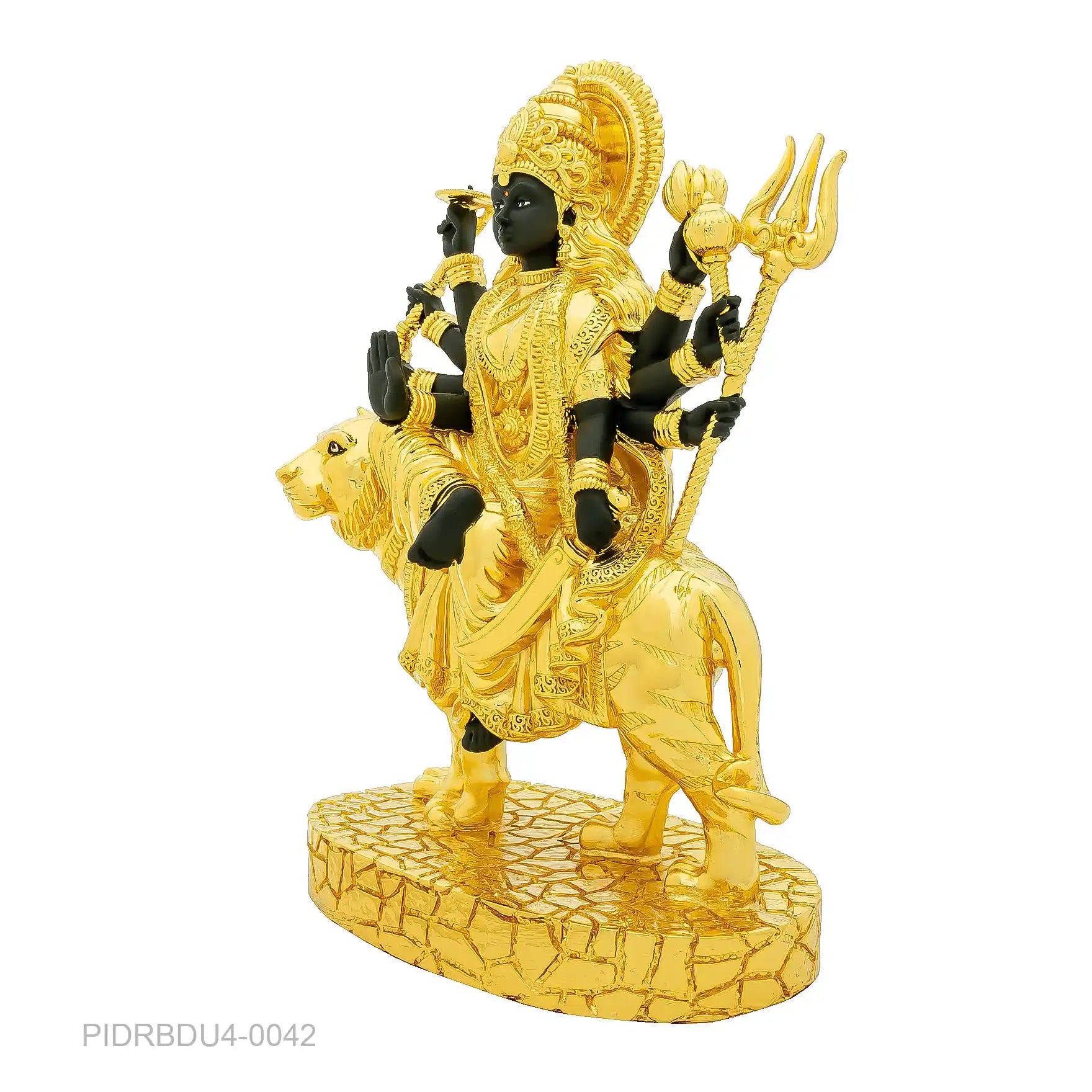 Goddess Durga Idol – Gold Layered Figurine Riding Tiger with Black Finish – Hindu Spiritual Statue – Navratri Pooja & Home Décor | PIDRBDU4-0042