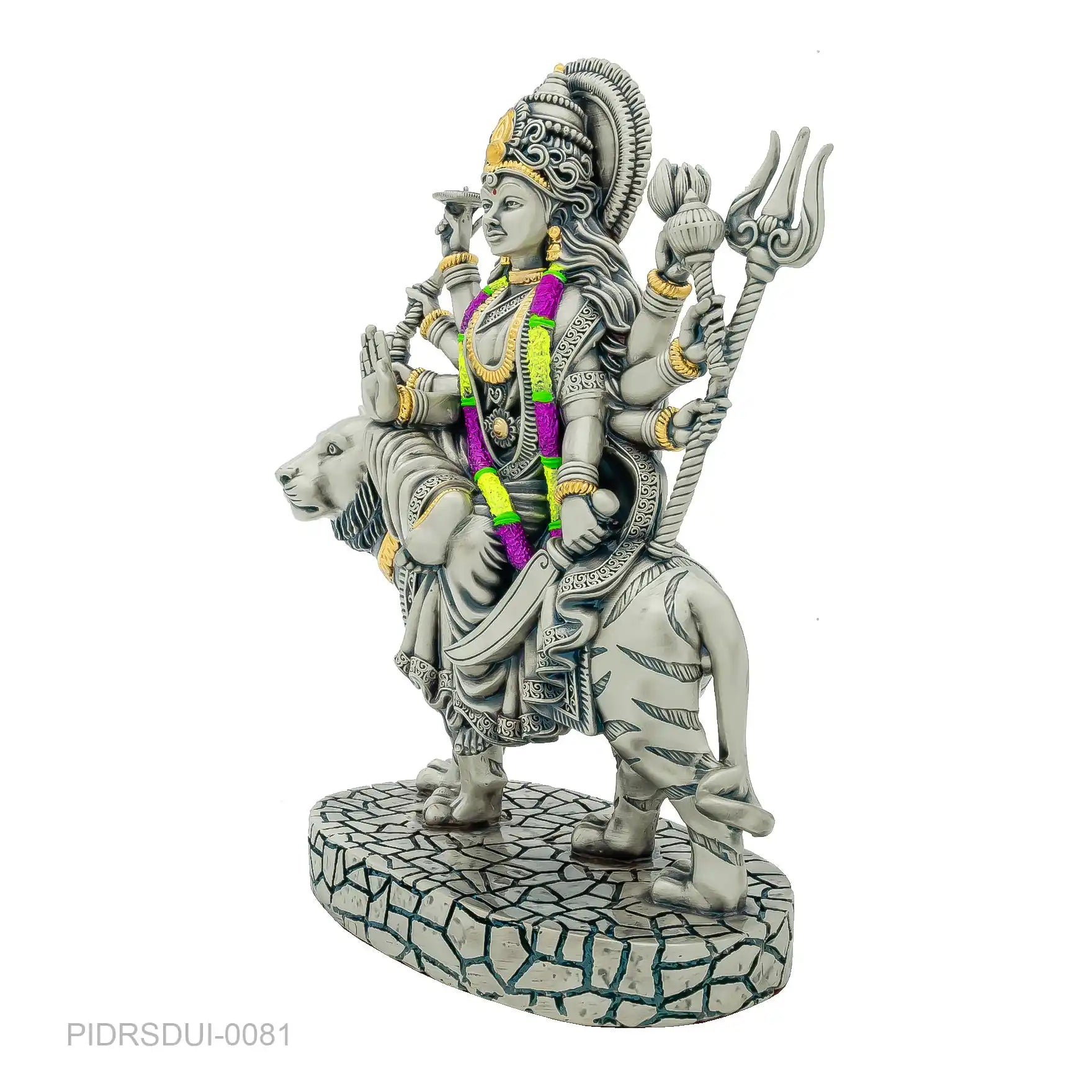 Goddess Durga Idol – Antique Silver Layered Figurine Riding Tiger – Hindu Spiritual Statue – Navratri Pooja & Home Décor | PIDRSDU1-0081