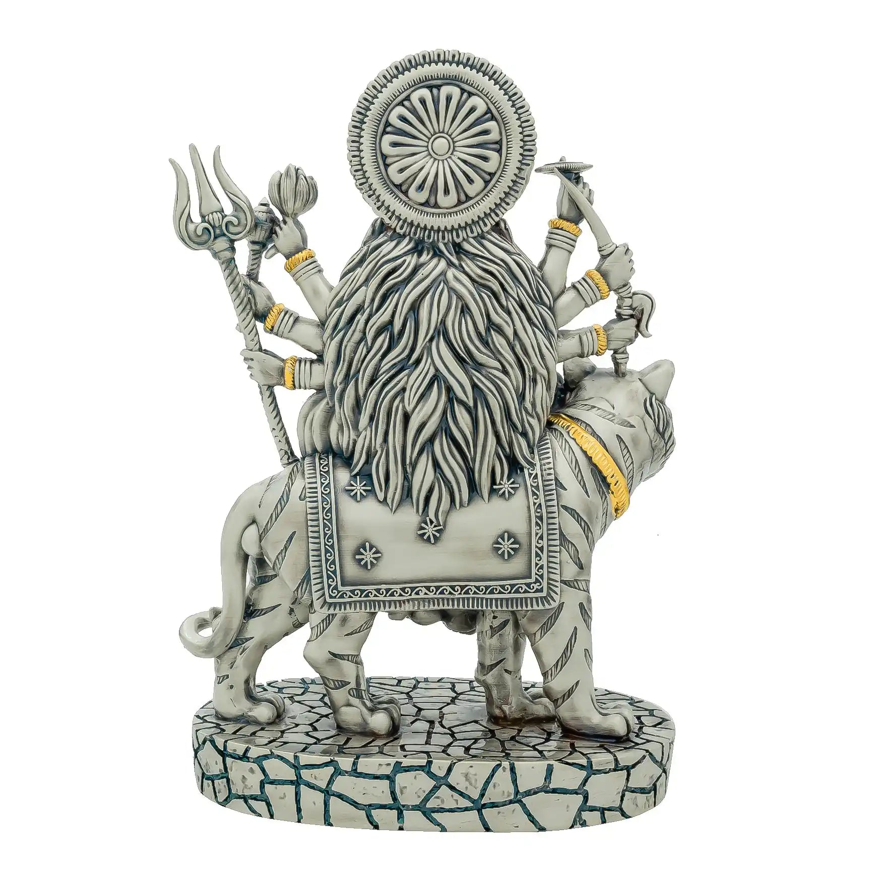 Goddess Durga Idol – Antique Silver Layered Figurine Riding Tiger – Hindu Spiritual Statue – Navratri Pooja & Home Décor | PIDRSDU1-0081