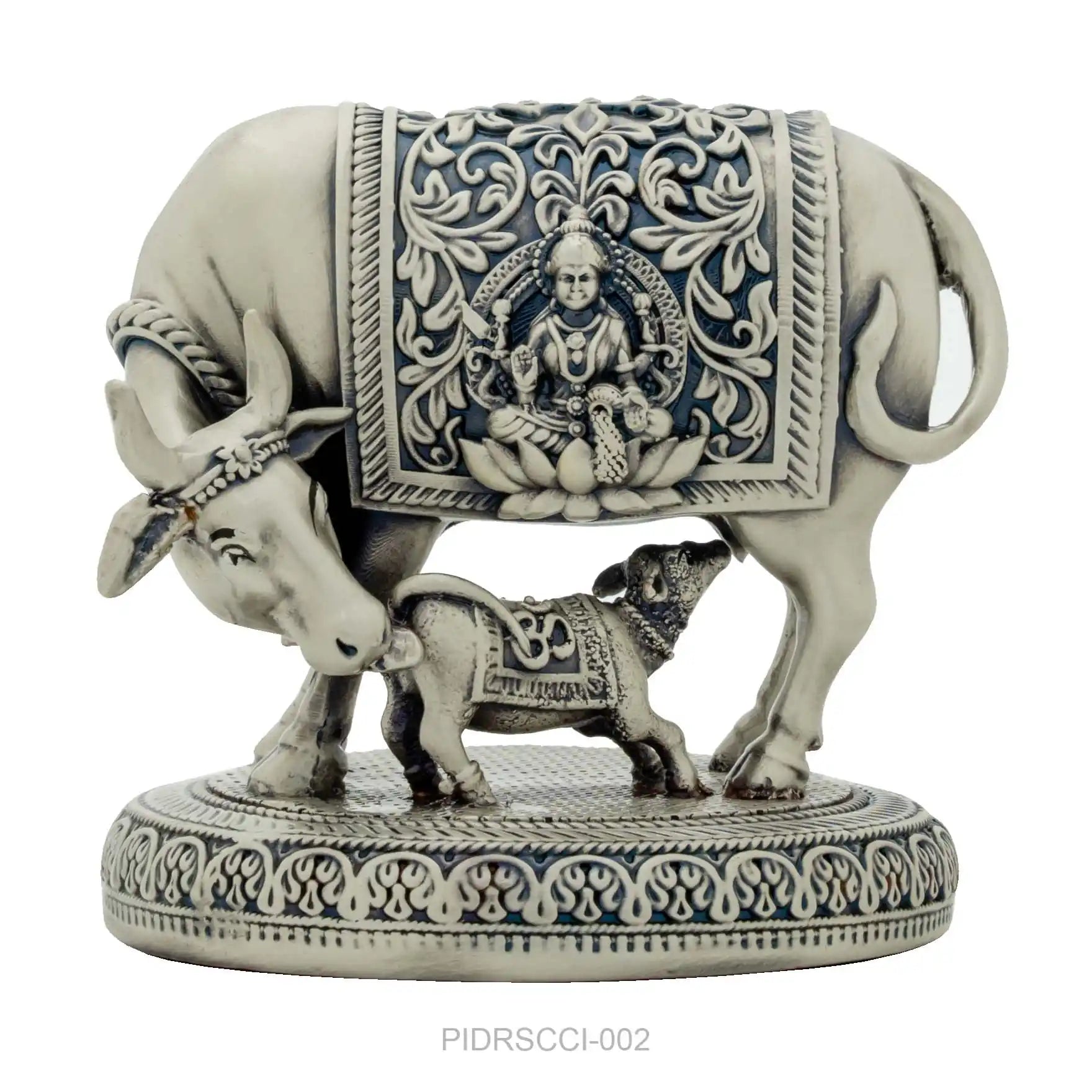 Kamadhenu Cow with Calf Figurine – Antique Silver Layered Showpiece with Carved Lakshmi Design – Vastu & Home Décor | PIDRSCC1-002