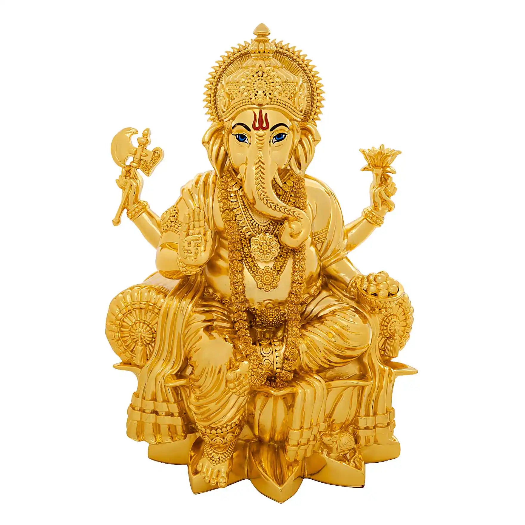 Lord Ganesha Idol – Gold Layered Figurine on Lotus – Ganapati Murti (Hindu Spiritual Statue) – Pooja & Home Décor | PIDRGG108-0084