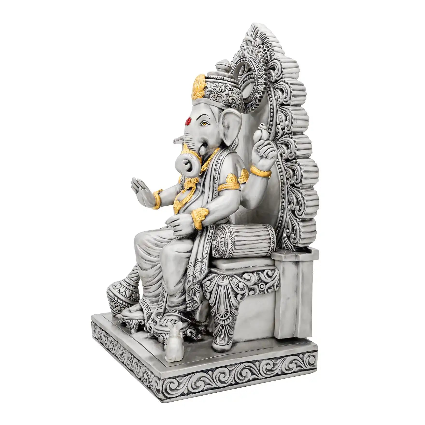 Lord Ganesha Idol – Antique Silver Layered Figurine on Throne – Ganapati Murti (Hindu Spiritual Statue) – Pooja & Home Décor | PIDRSG22-0004