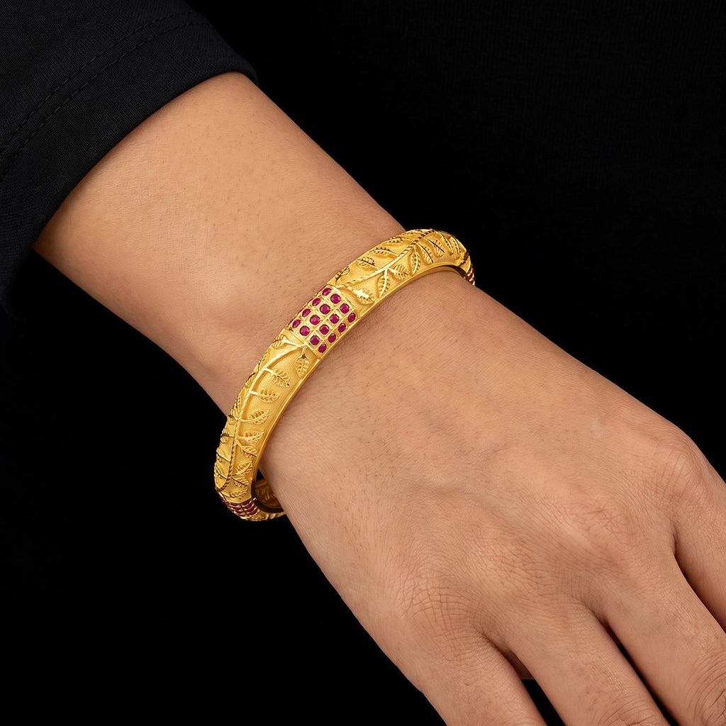 Ruby Colour Vine Leaf Grid Stone Bangle Gold Layered