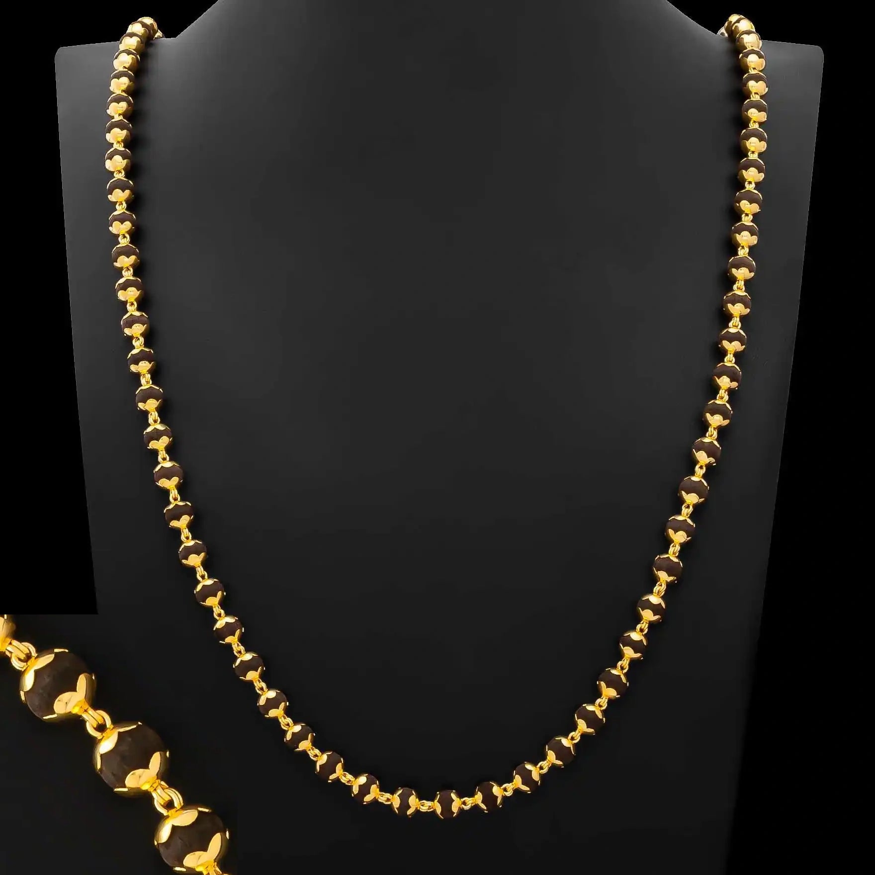 Black Bead Bar Long Karungali Chain Gold Layered