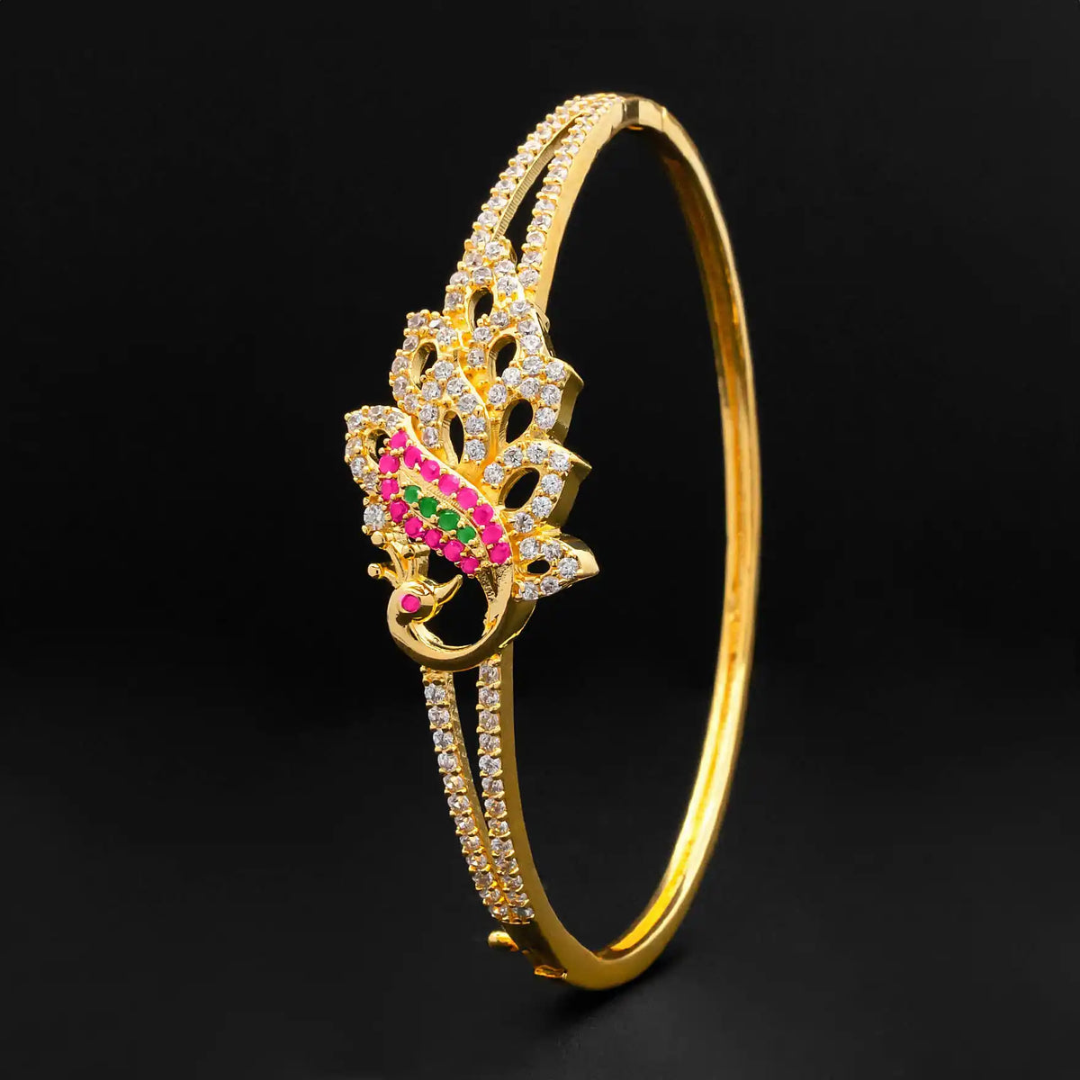 Deep Red Leaf Fan CZ Stone Bracelet Bangle Gold Layered