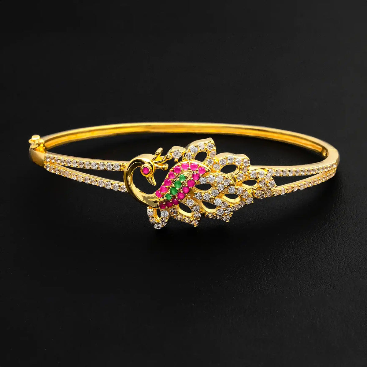 Deep Red Leaf Fan CZ Stone Bracelet Bangle Gold Layered