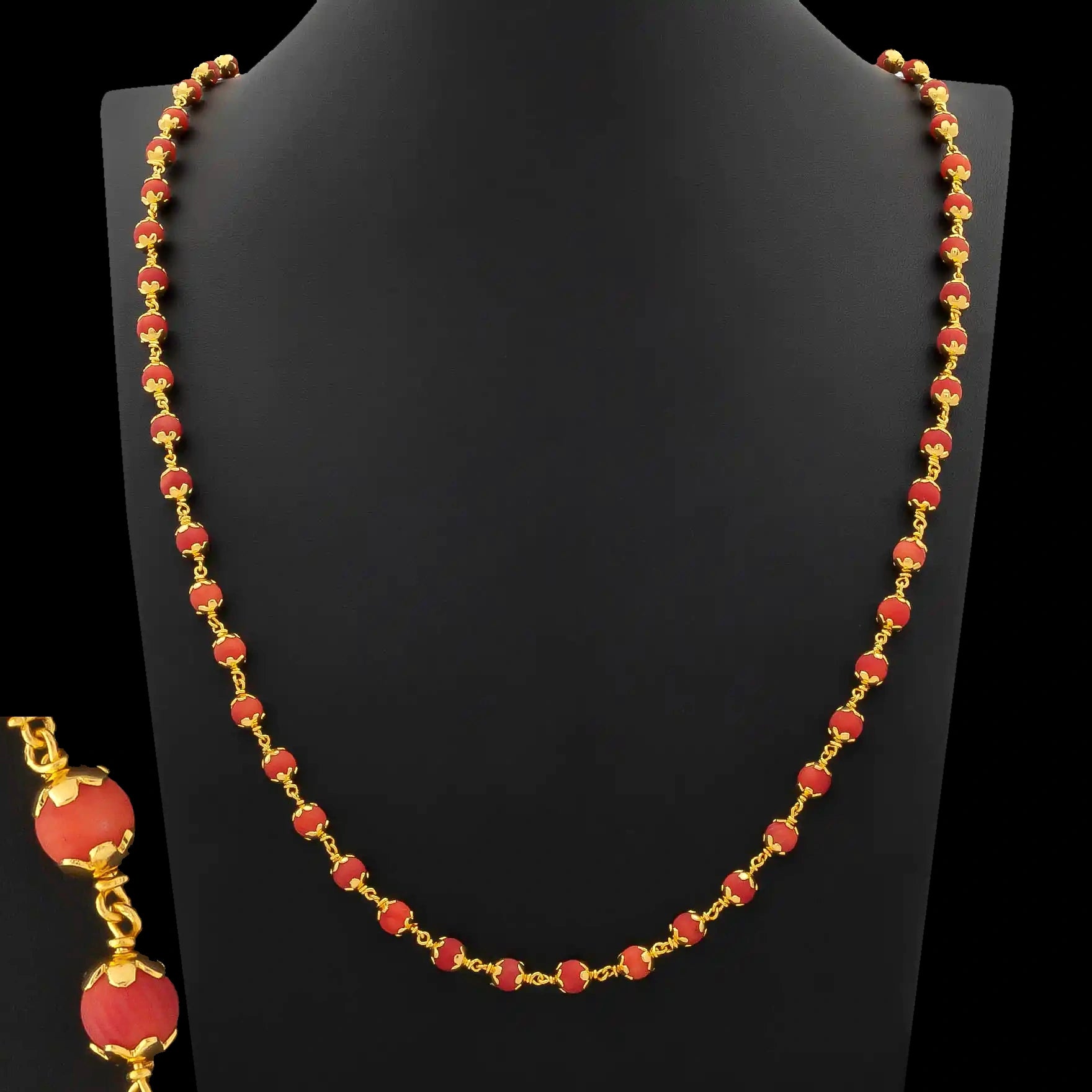 Coral Bead Ball Row Stone Chain Gold Layered