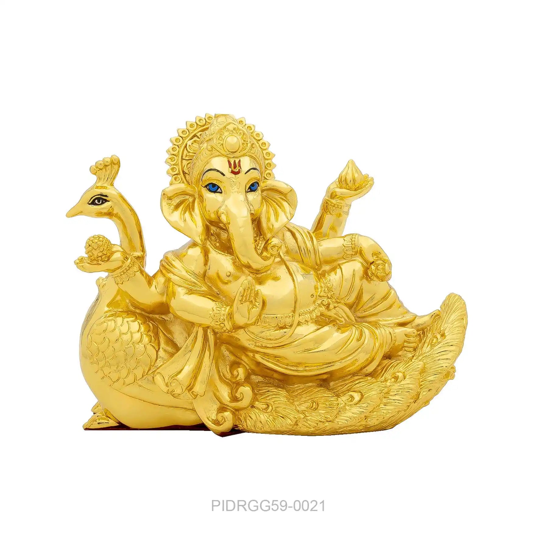 Ganesha Idol – Gold Plated – Relaxed Pose on Peacock Design (Mayur Asana) – Home Temple & Festive Decor (Ganpati Murti / Vinayaka Statue) |  PIDRGG59-0021