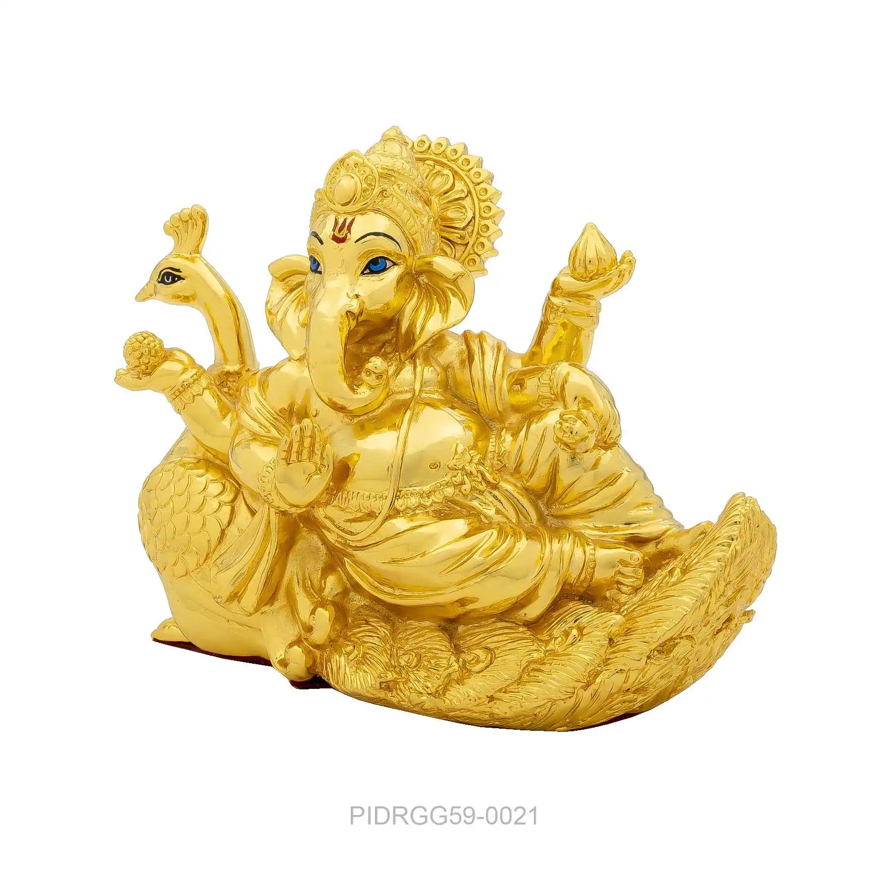 Ganesha Idol – Gold Plated – Relaxed Pose on Peacock Design (Mayur Asana) – Home Temple & Festive Decor (Ganpati Murti / Vinayaka Statue) |  PIDRGG59-0021