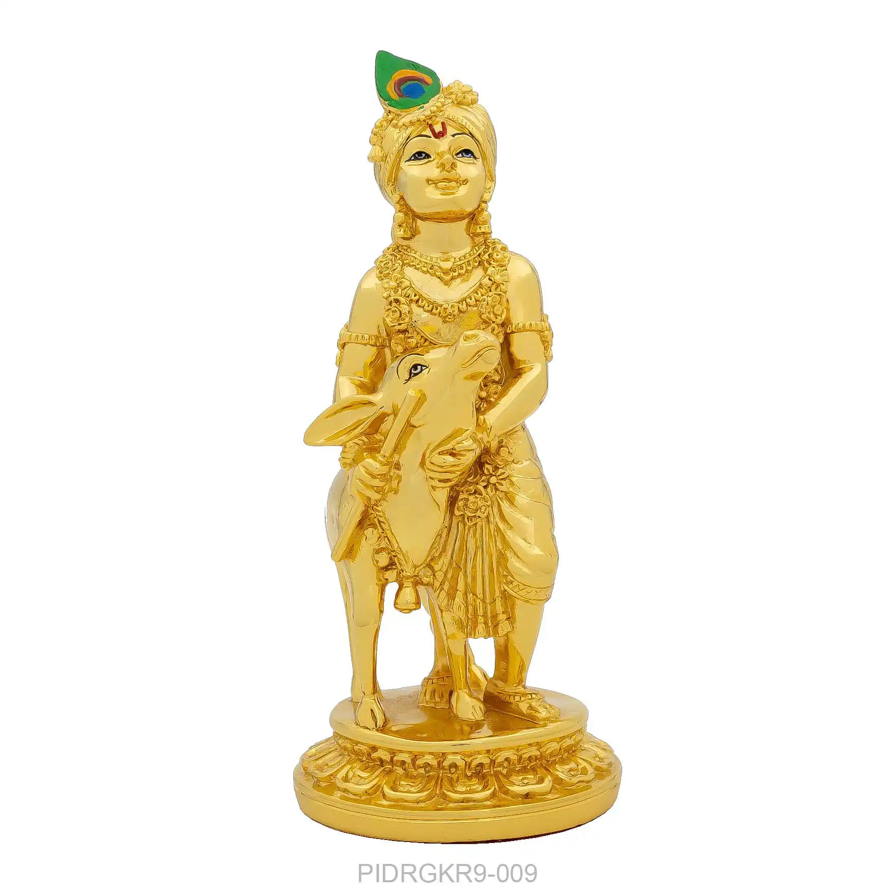 Krishna Idol with Cow – Gold Plated – Vatsalya Krishna Design with Ornate Base – Home Temple & Festive Decor (Bal Krishna Murti) | PIDRGKR9-009