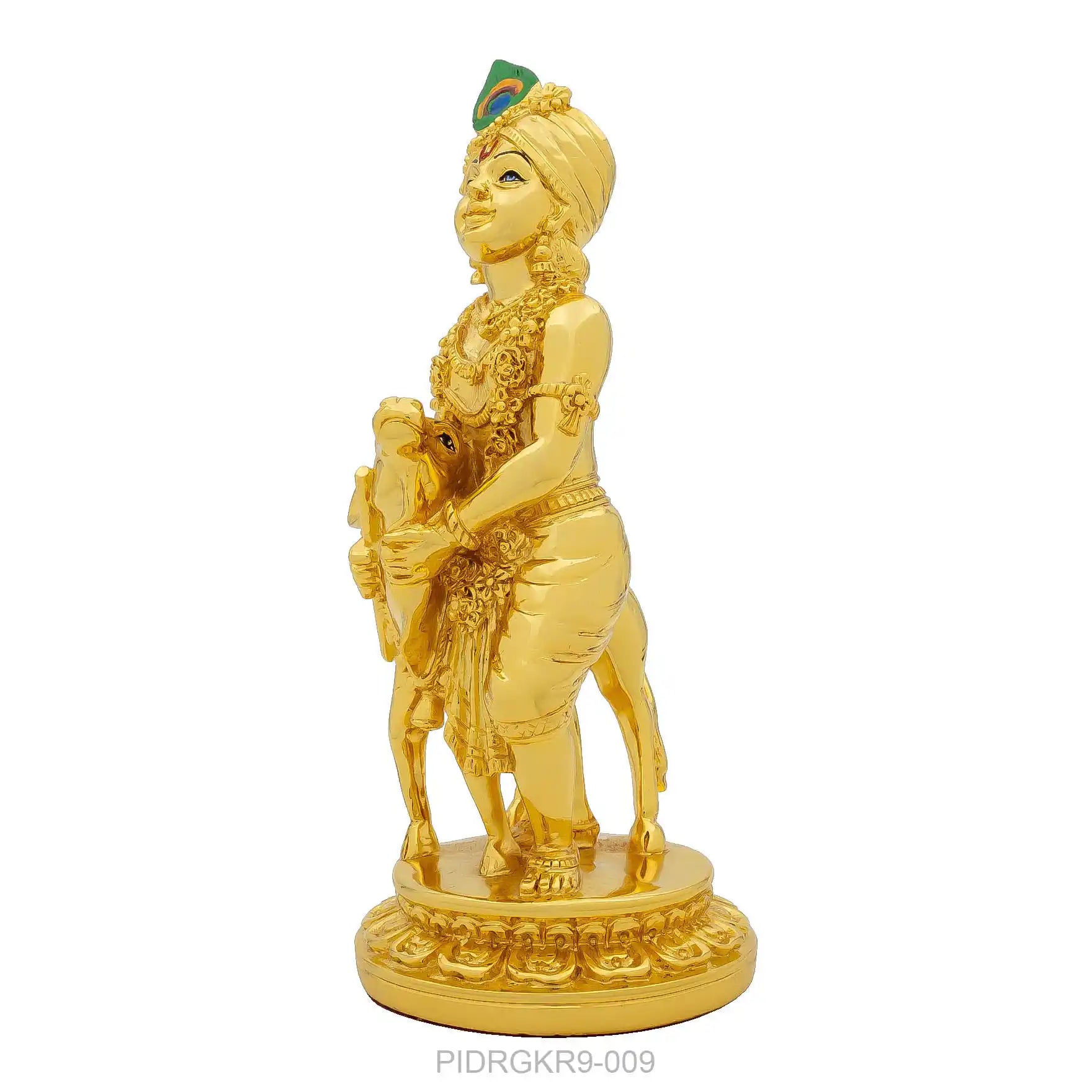 Krishna Idol with Cow – Gold Plated – Vatsalya Krishna Design with Ornate Base – Home Temple & Festive Decor (Bal Krishna Murti) | PIDRGKR9-009