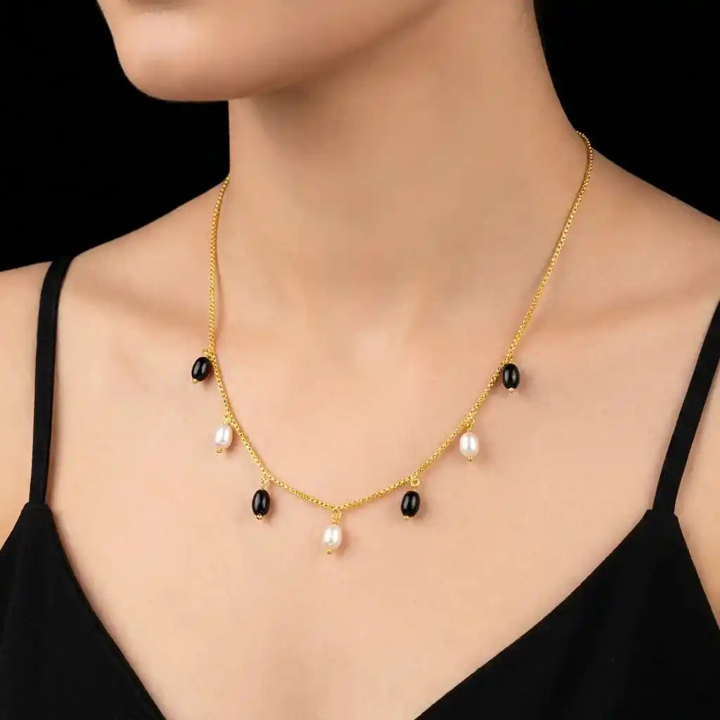 Black & Pearl Drop Charm Necklace PPNS7PBO-083