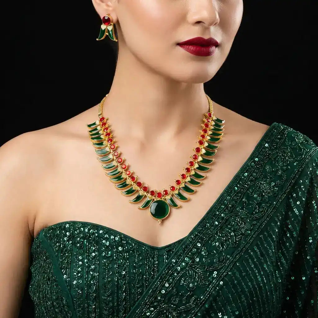 Palakka Green Stone Necklace with Stud PSPKNTG13-0631, PSPKSTTG13-081