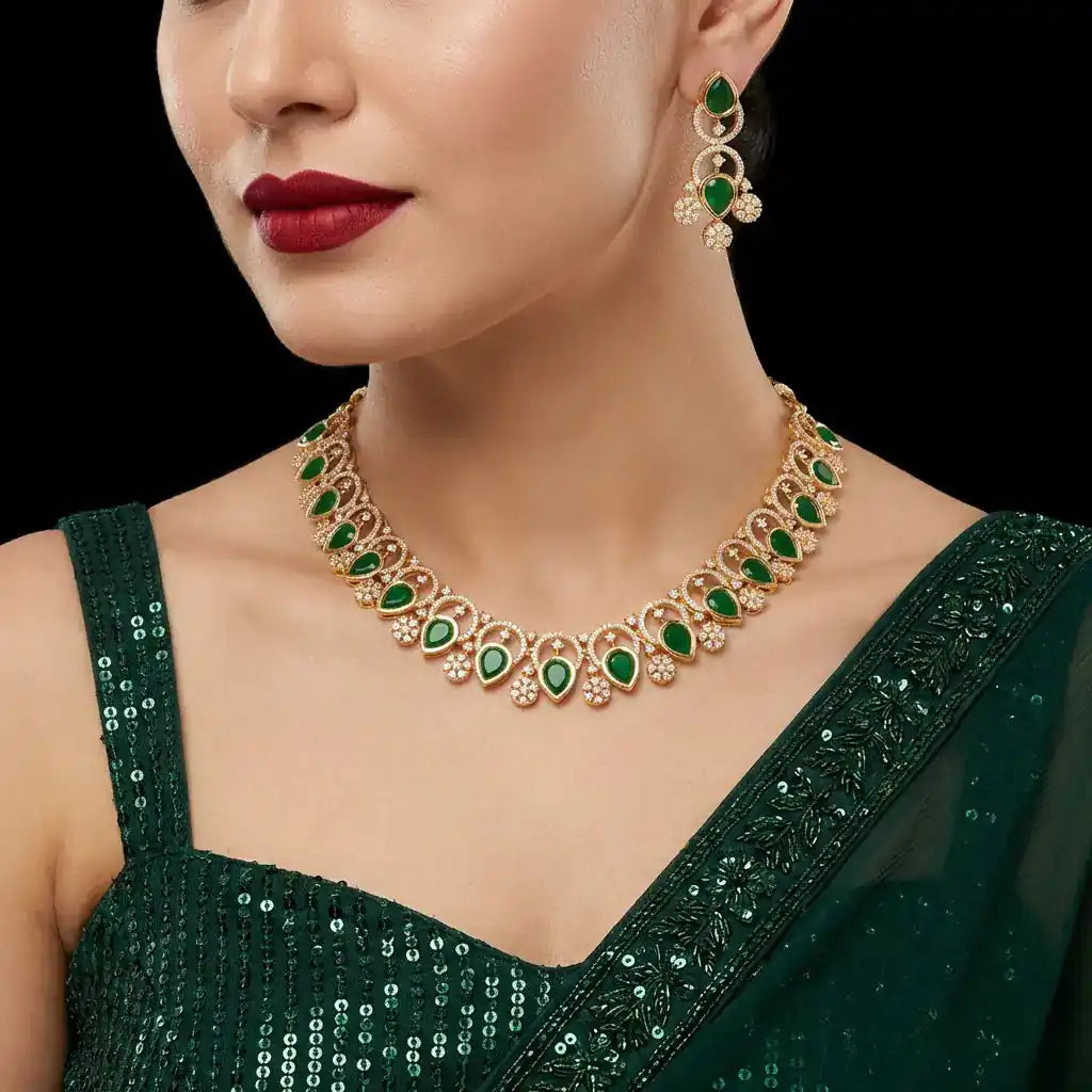 Green Stone Necklace With Stud Earrings
