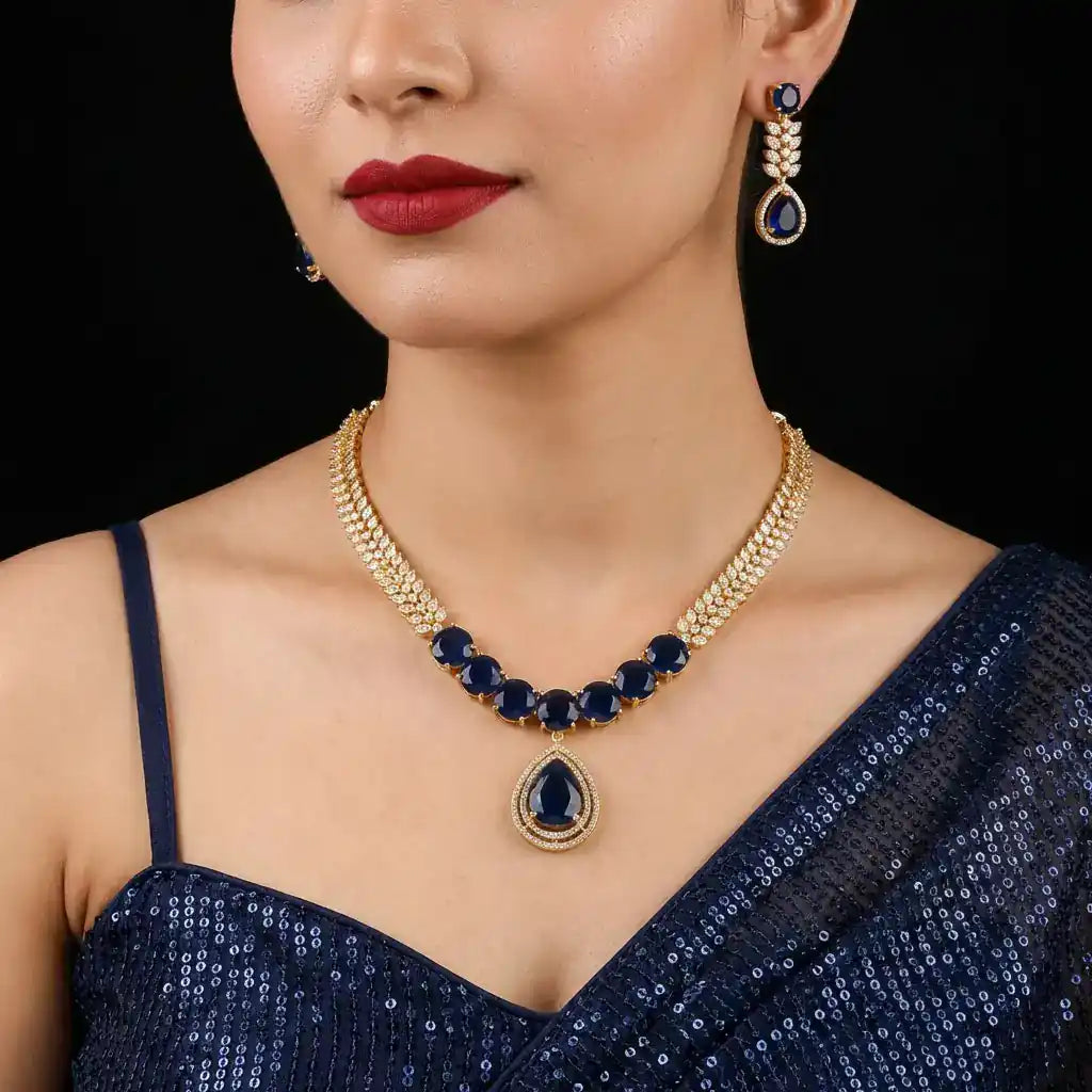Premiun Stone Necklace with Stud PMSNS61WBL-008, PMSHST78WBL-082