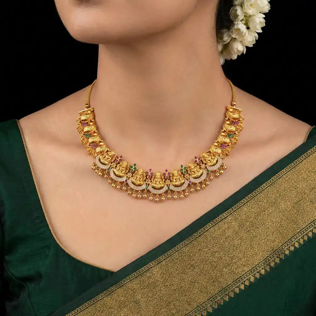 Sreshta Goddess Lakshmi Temple Necklace - Antique Gold Finish with Red & Green Stones — Gold Plat...