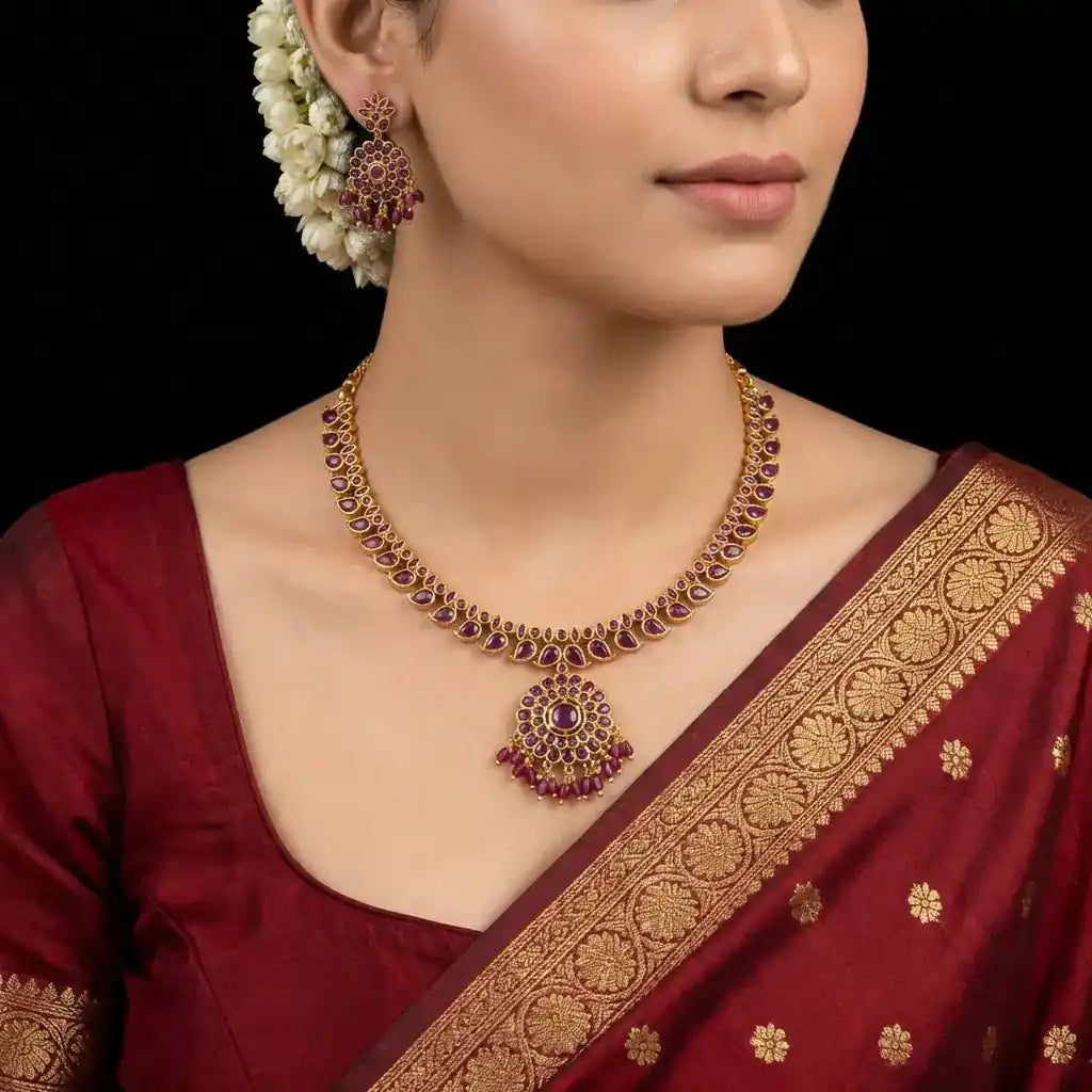 Sreshta Necklace with Earring PSGRNSSR35R-085 — Gold Plated Jewellery | Parakkat Jewels