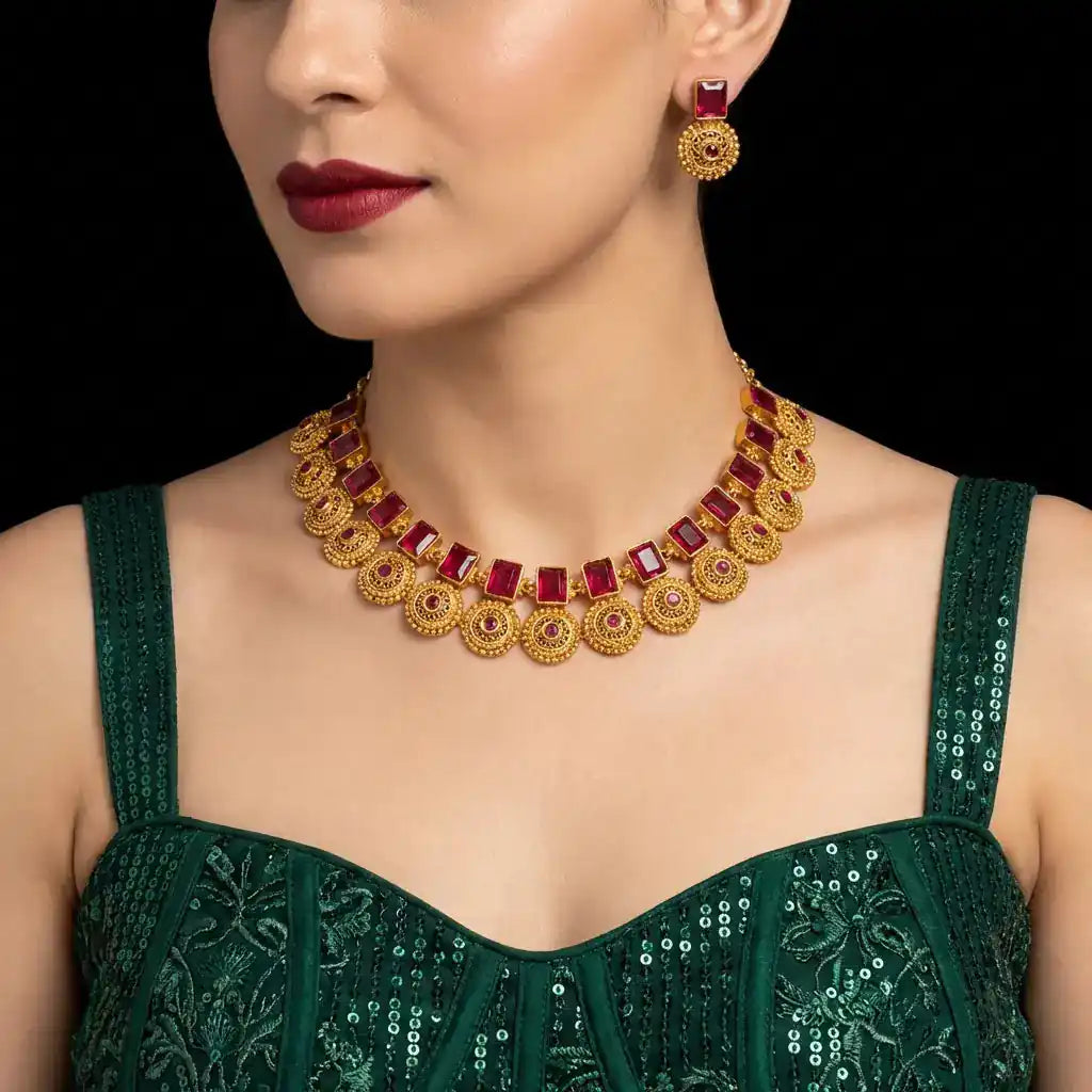 Stone Necklace with Stud Earrings  PSGRNSSR14R-0311, PSGRSTSR2a-002