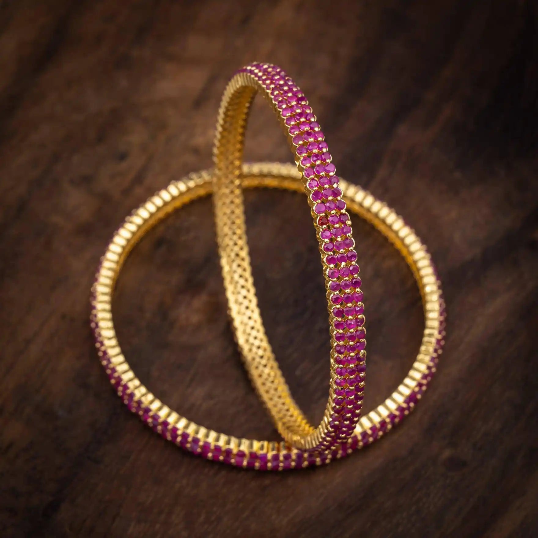 Red Twin Bead Row Stone Bangle Gold Layered