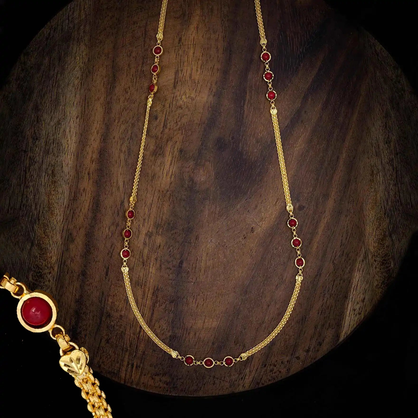 Deep Red Bezel Snake Coral Stone Chain Gold Layered