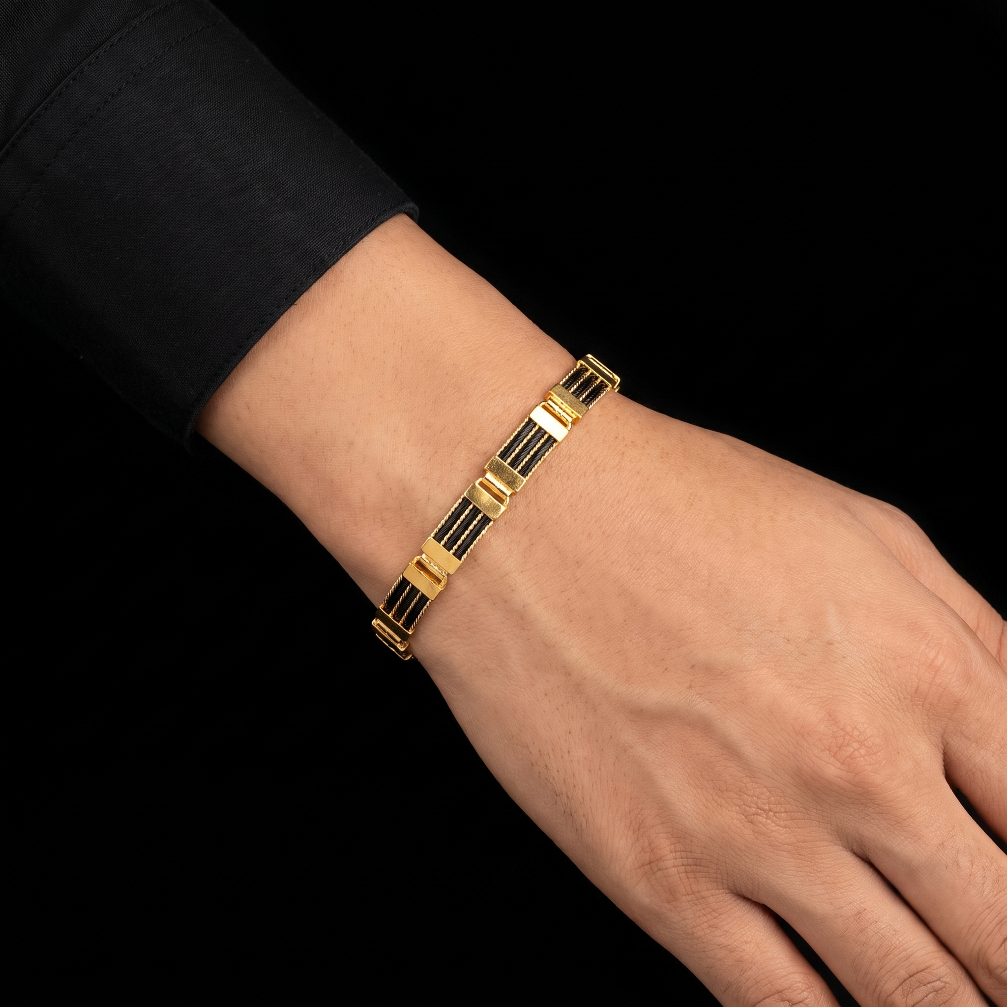 Black Bar Panel Link Gents Bracelet Gold Layered