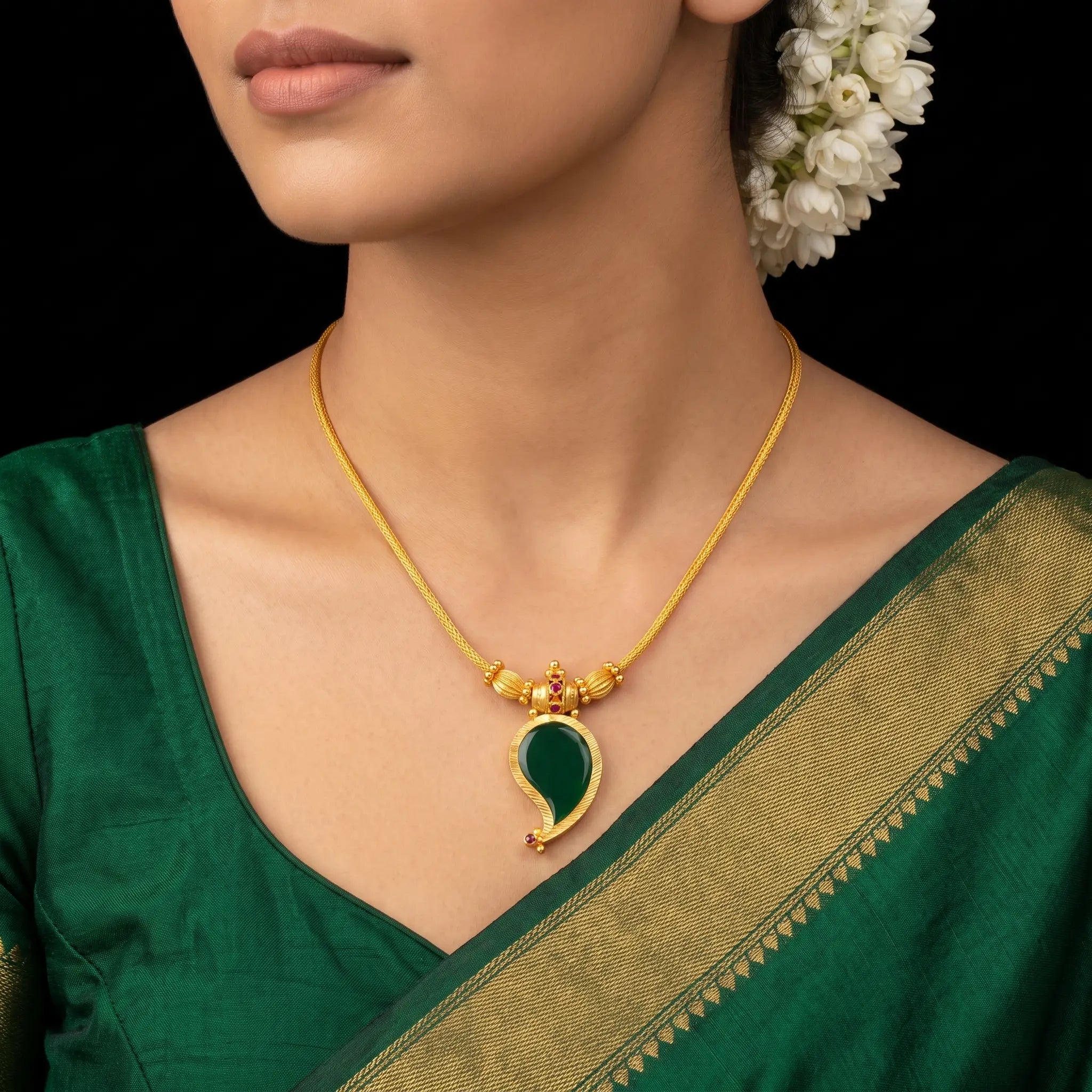 Green Mango Drop Palakka Necklace Gold Layered