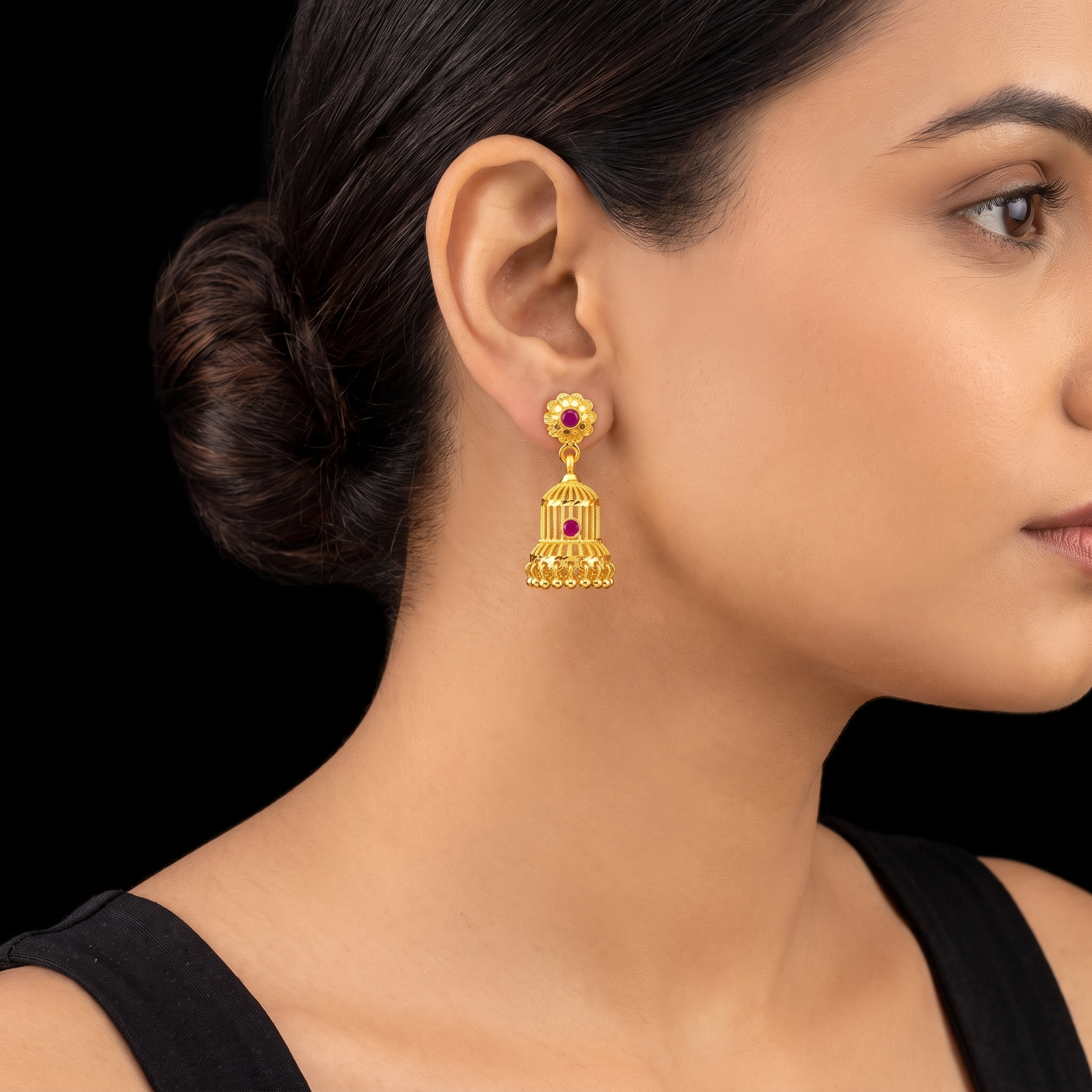 Floret Top Long Fringe Stone Jimikka Stud Gold Layered