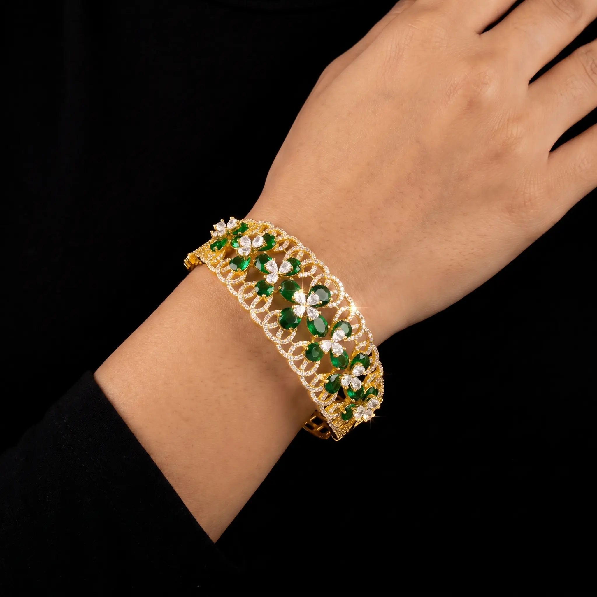 Green Marquise CZ Broad Premium Stone Bracelet Bangle Gold Layered