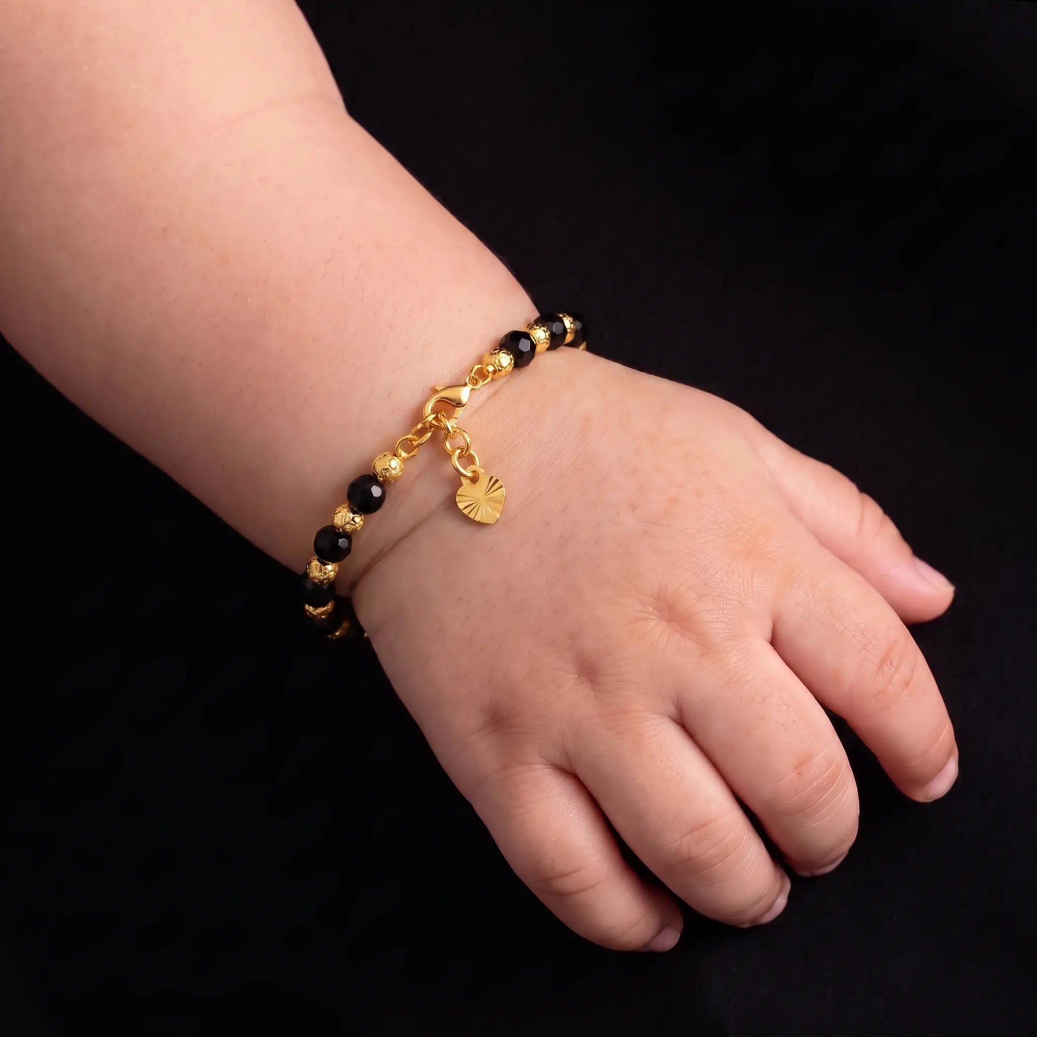 Black Bead Heart Drop Baby Bracelet Gold Layered