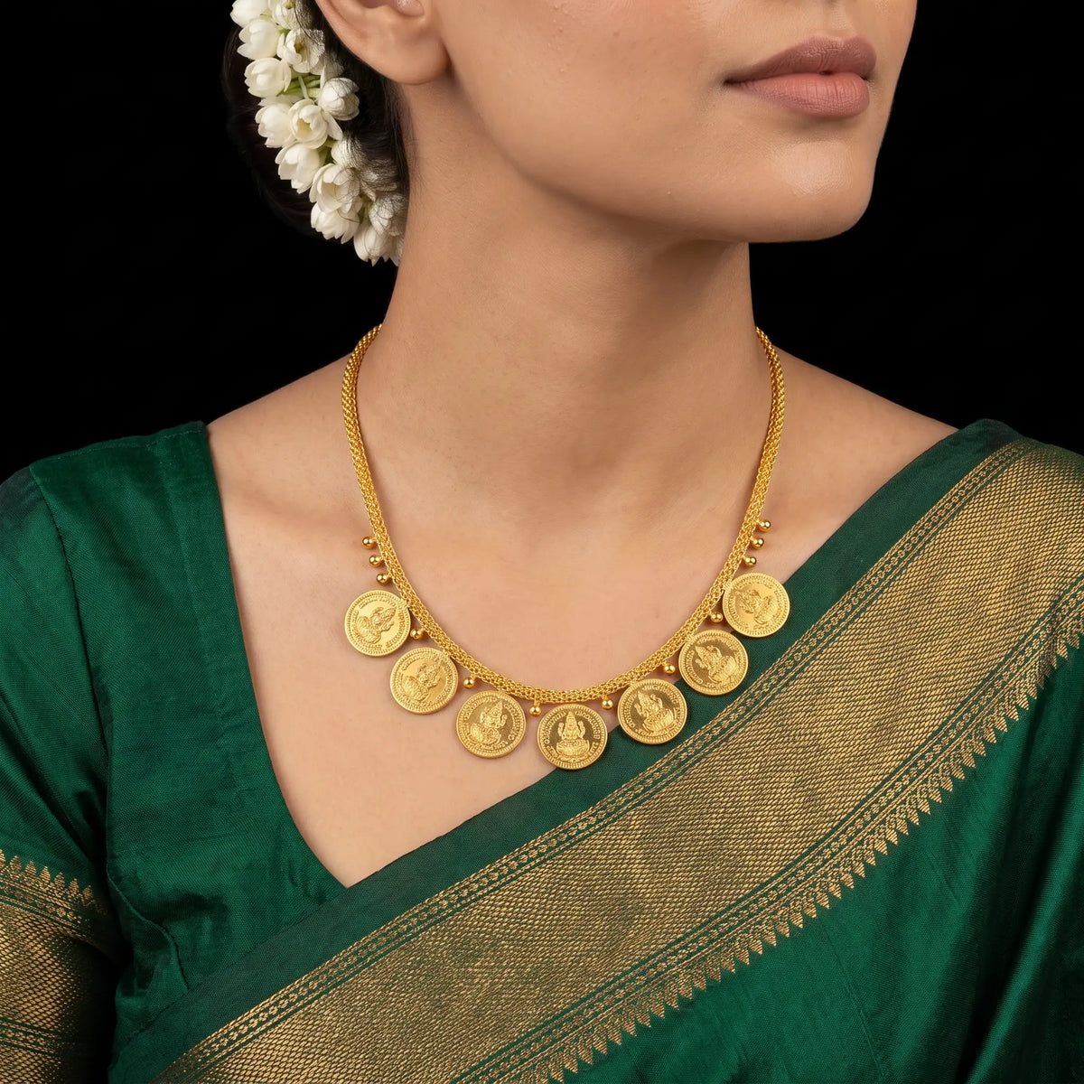 Lakshmi Kaasu Coin Fringe Short Necklace Gold Layered