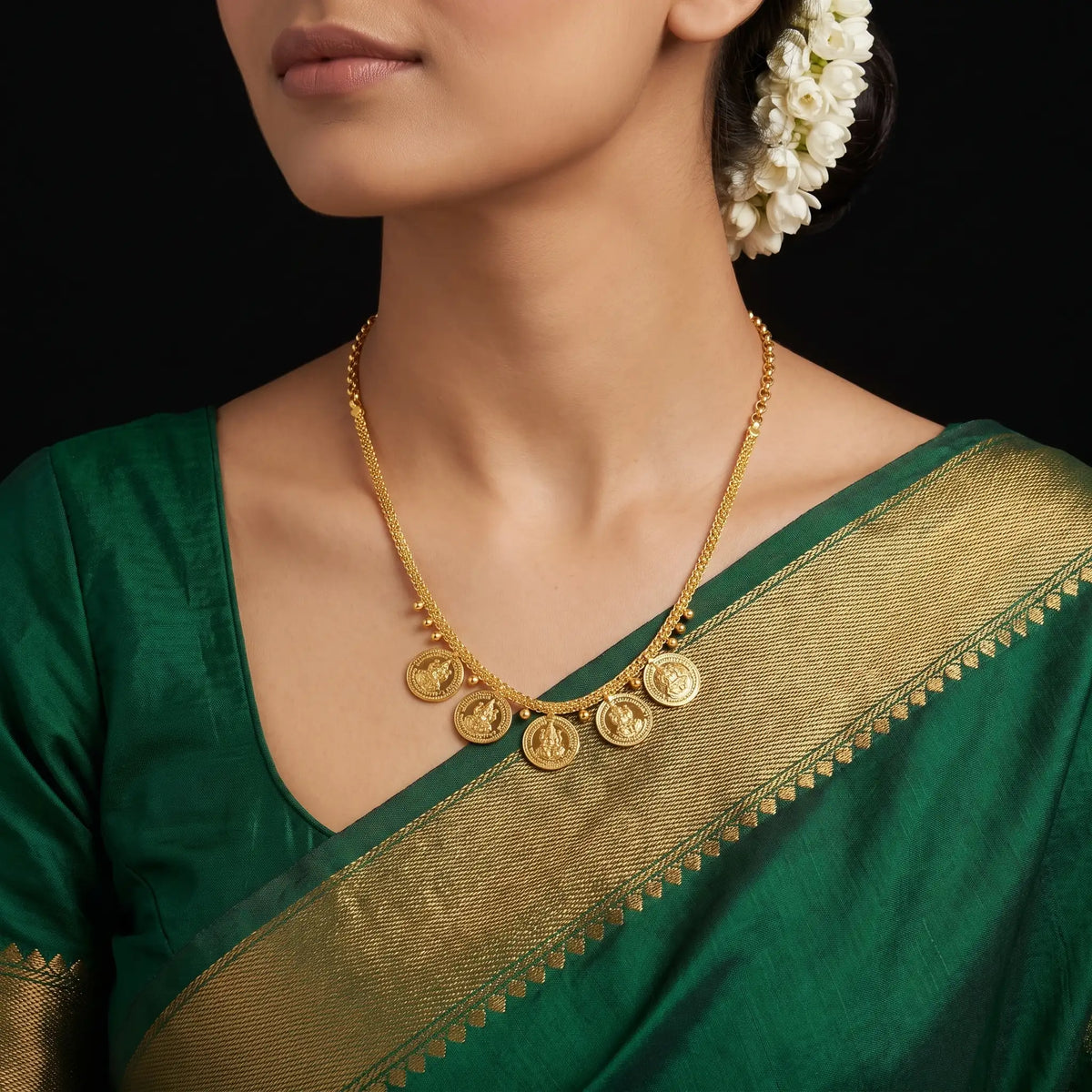 Lakshmi Kaasu Coin Fringe Short Necklace Gold Layered
