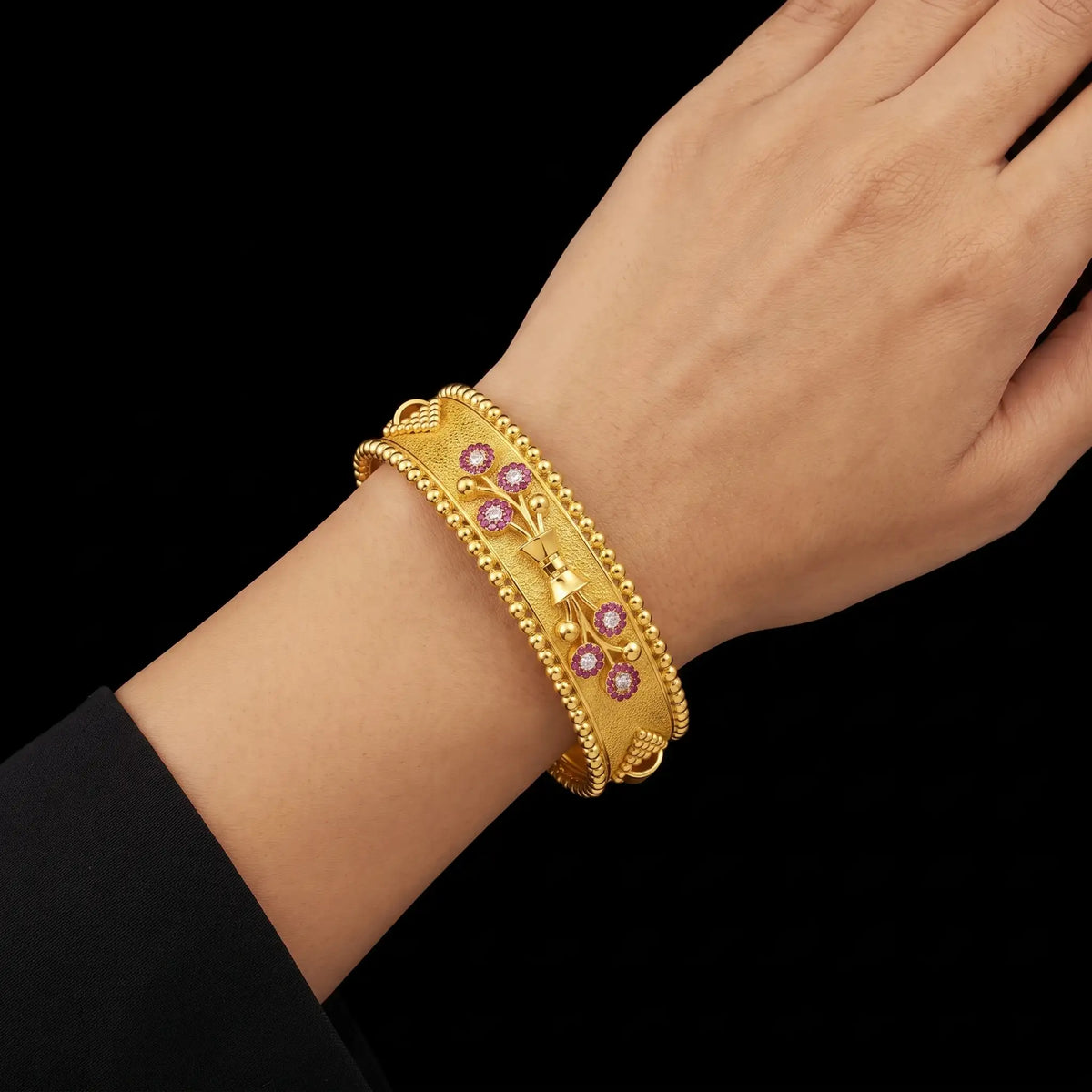 Ruby CZ Bouquet Beaded Broad Bangle Gold Layered