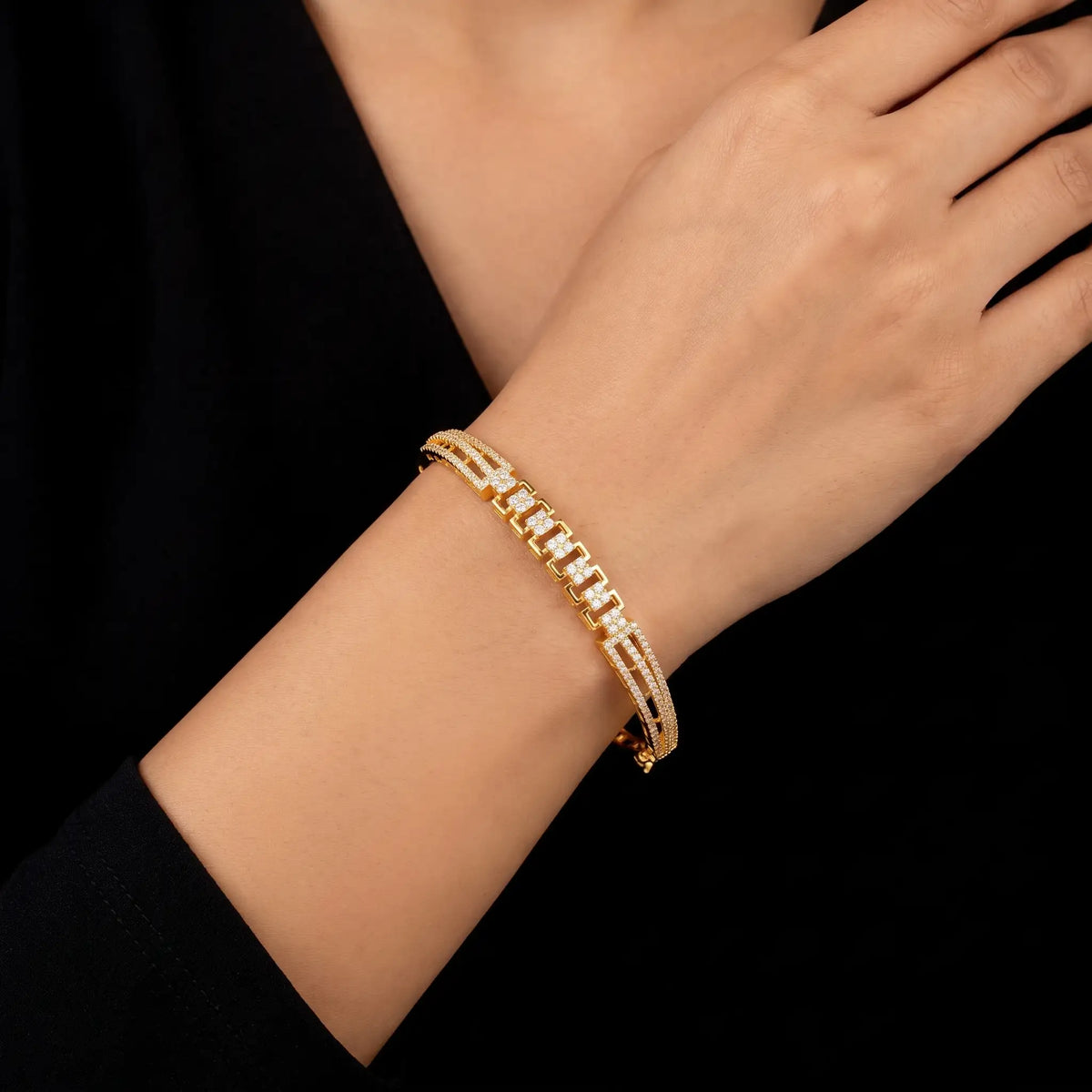 CZ Lattice Pave Twin Rail Bangle Gold Layered