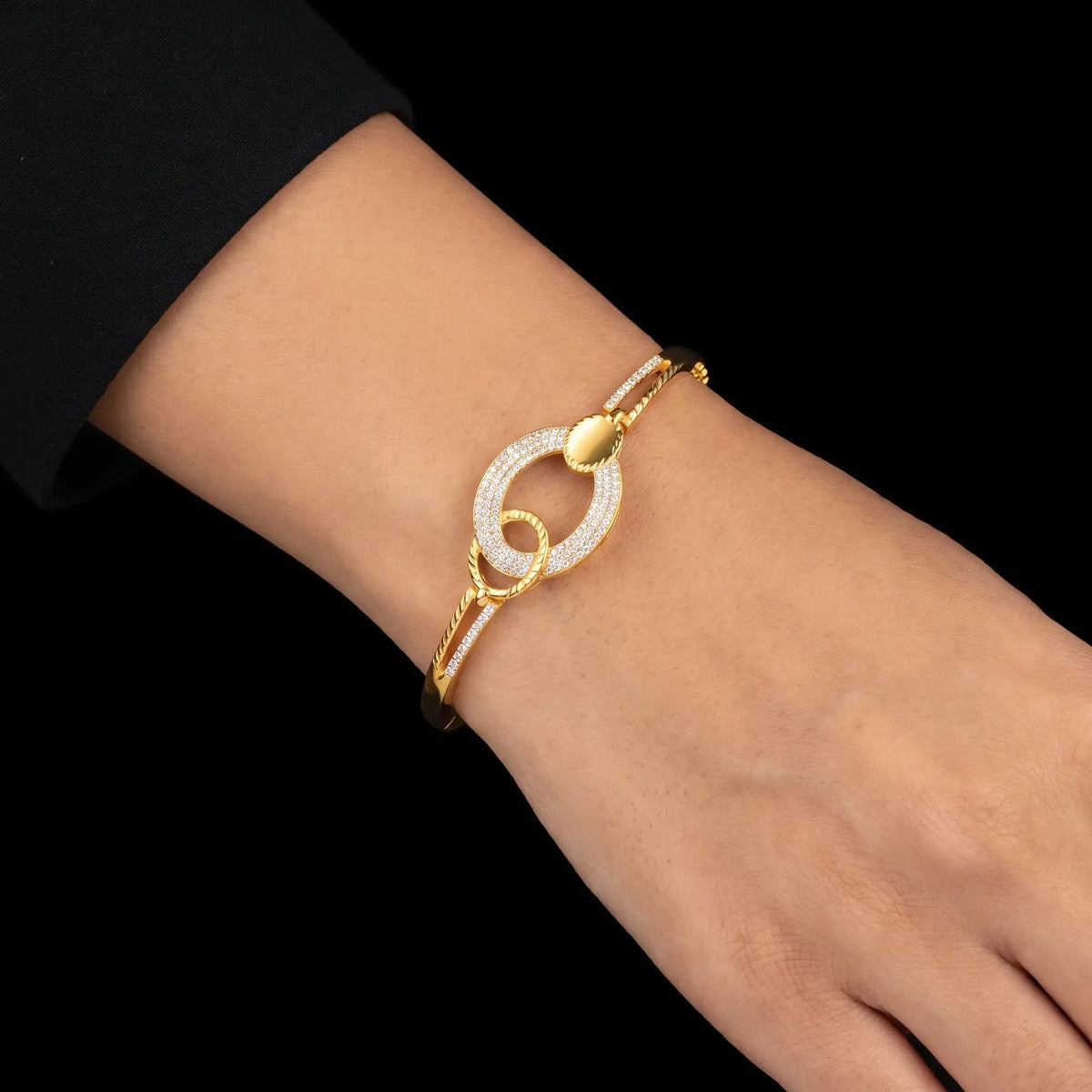 CZ Twin Oval Pave Openable Bracelet Gold Layered
