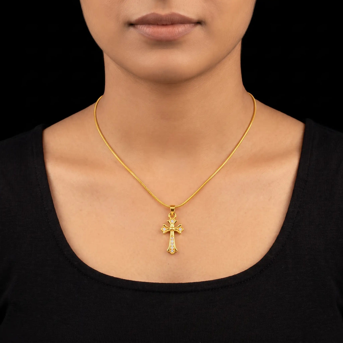 CZ Fleur Cross Religious Symbol Pendant with Chain Gold Layered