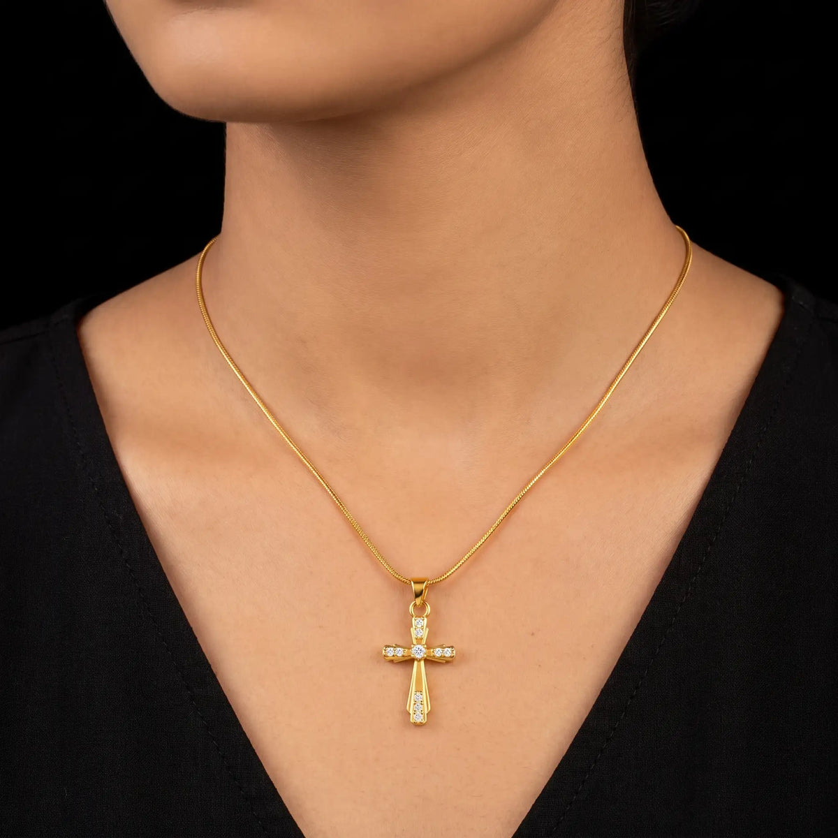 CZ Tapered Rail Cross Pendant with Chain Gold Layered