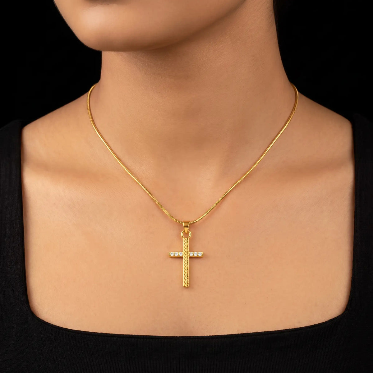 CZ Milgrain Rail Cross Pendant with Chain Gold Layered