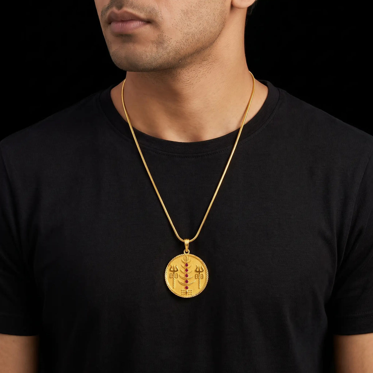 Gents Ruby Trishul Shiva Coin Medallion Pendant with Chain Gold Layered