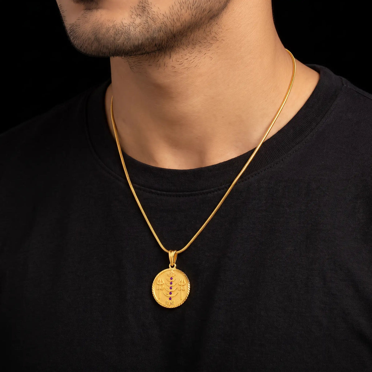 Gents Ruby Trishul Moon Shiva Coin Pendant with Chain Gold Layered